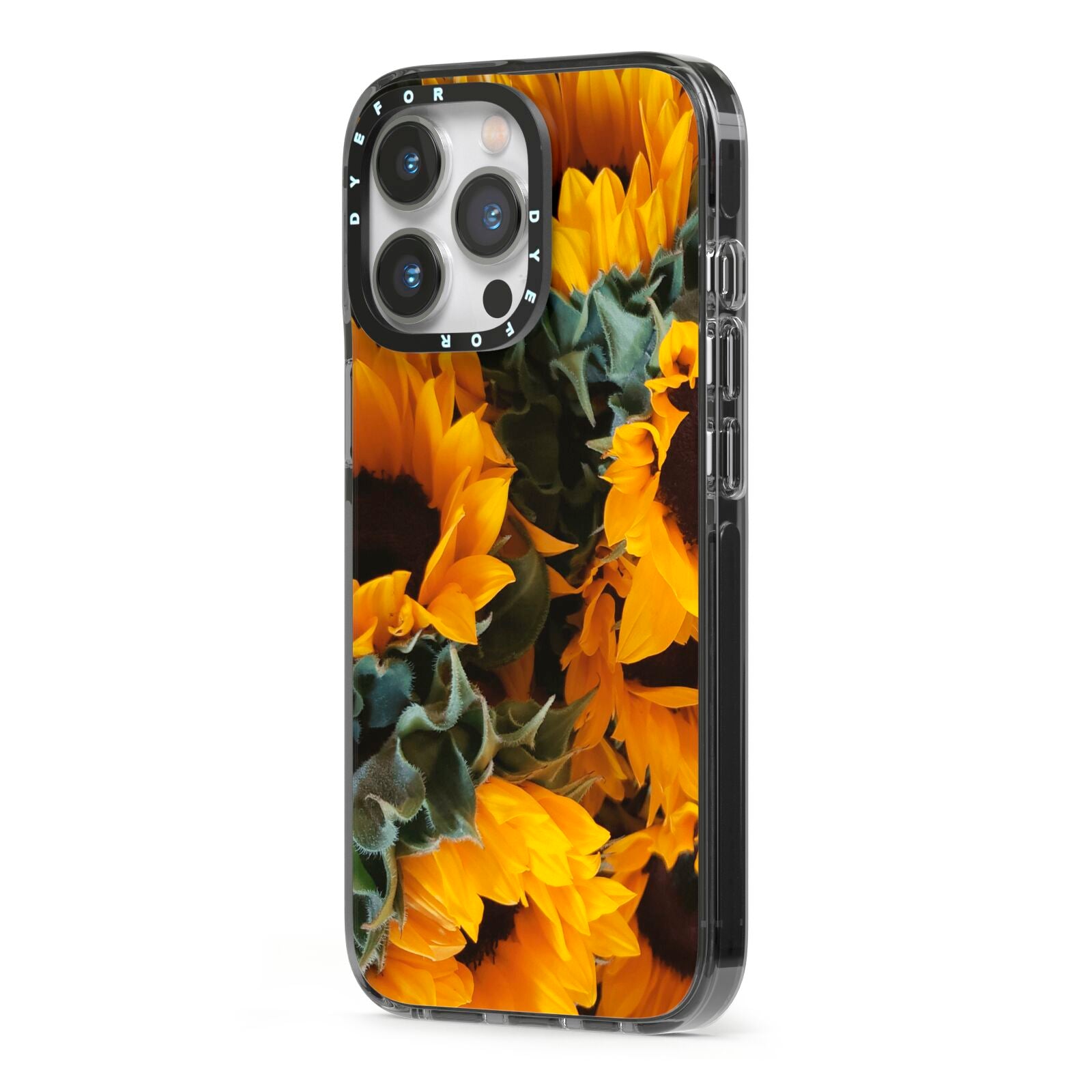 Sunflower iPhone 13 Pro Black Impact Case Side Angle on Silver phone