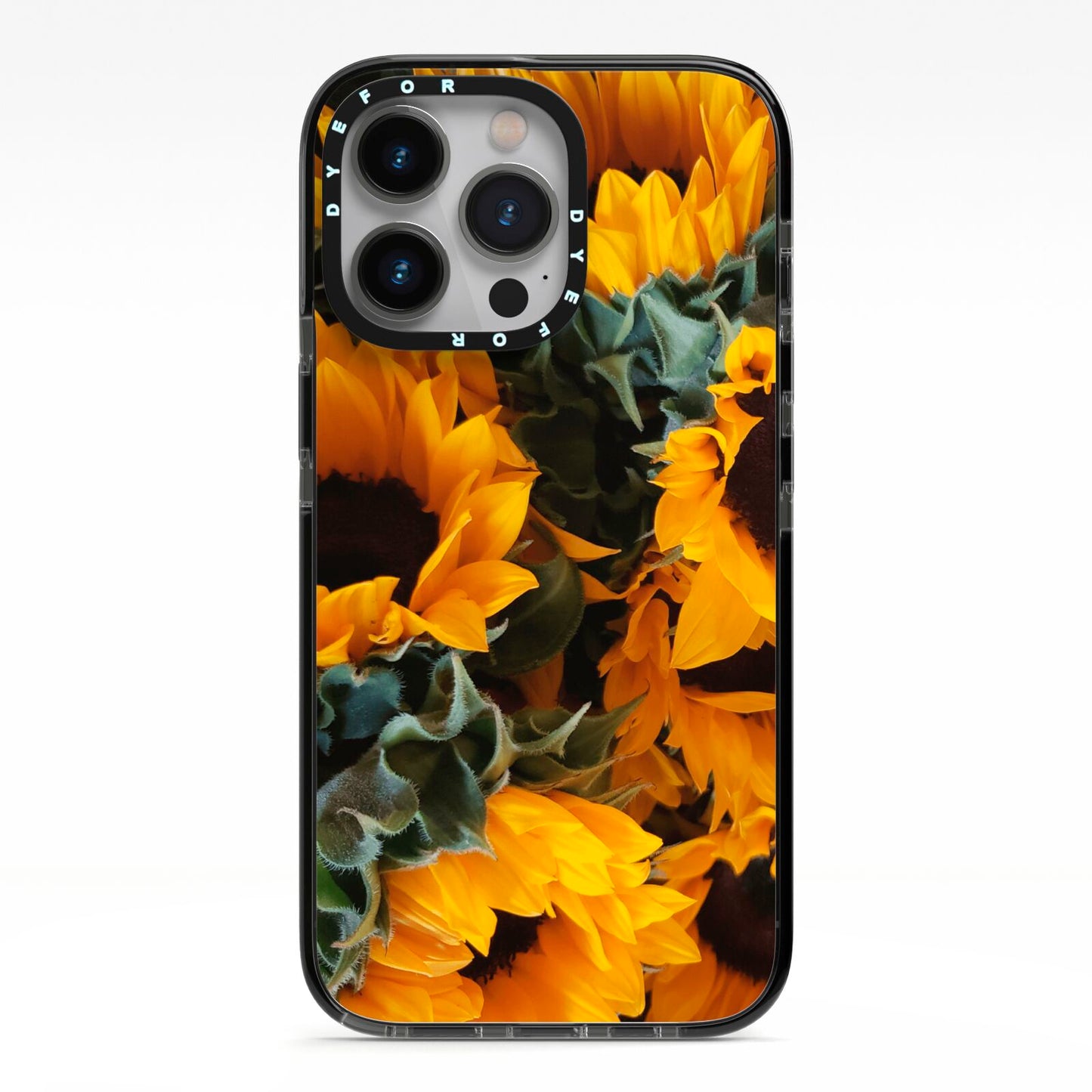 Sunflower iPhone 13 Pro Black Impact Case on Silver phone