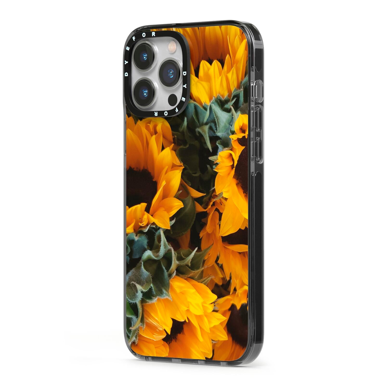 Sunflower iPhone 13 Pro Max Black Impact Case Side Angle on Silver phone