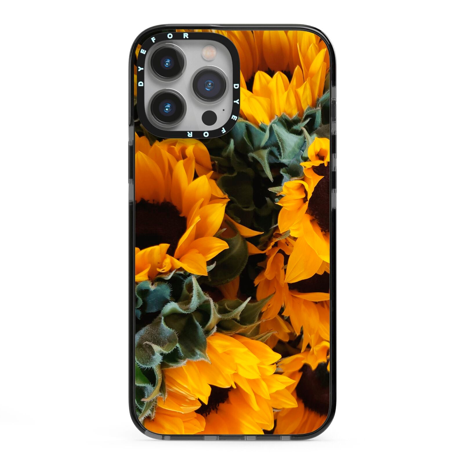 Sunflower iPhone 13 Pro Max Black Impact Case on Silver phone