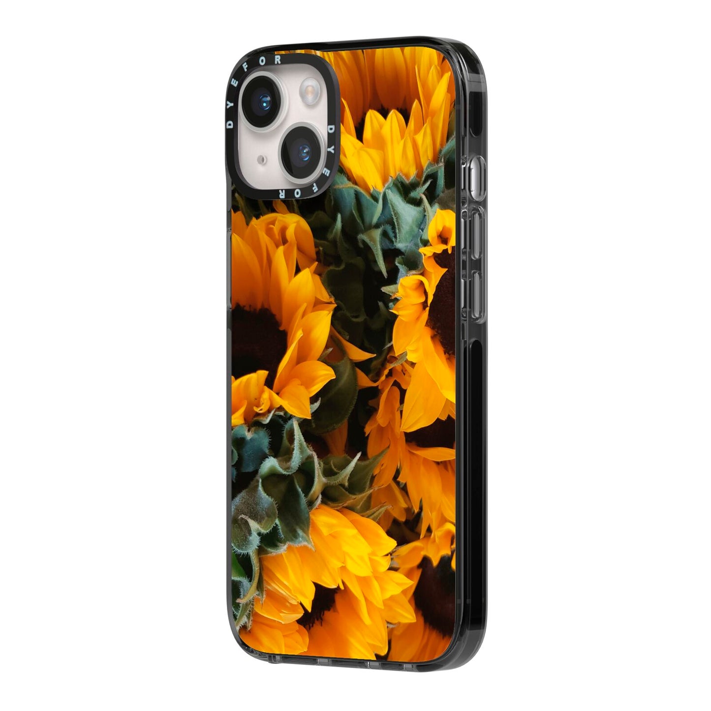 Sunflower iPhone 14 Black Impact Case Side Angle on Silver phone