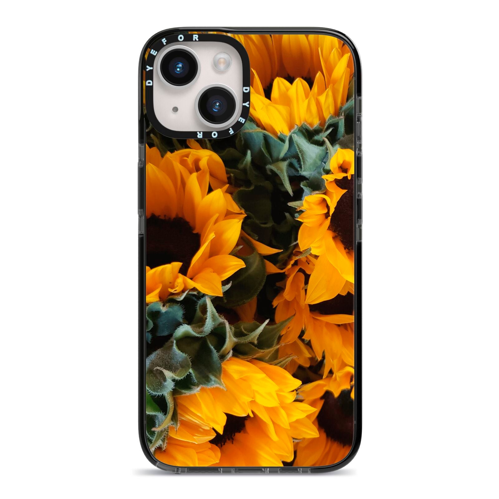 Sunflower iPhone 14 Black Impact Case on Silver phone