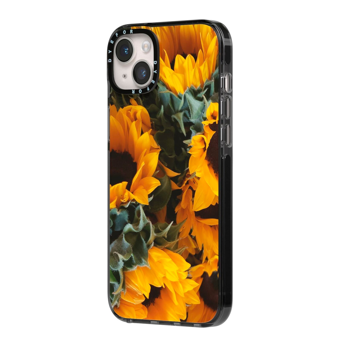 Sunflower iPhone 14 Plus Black Impact Case Side Angle on Silver phone