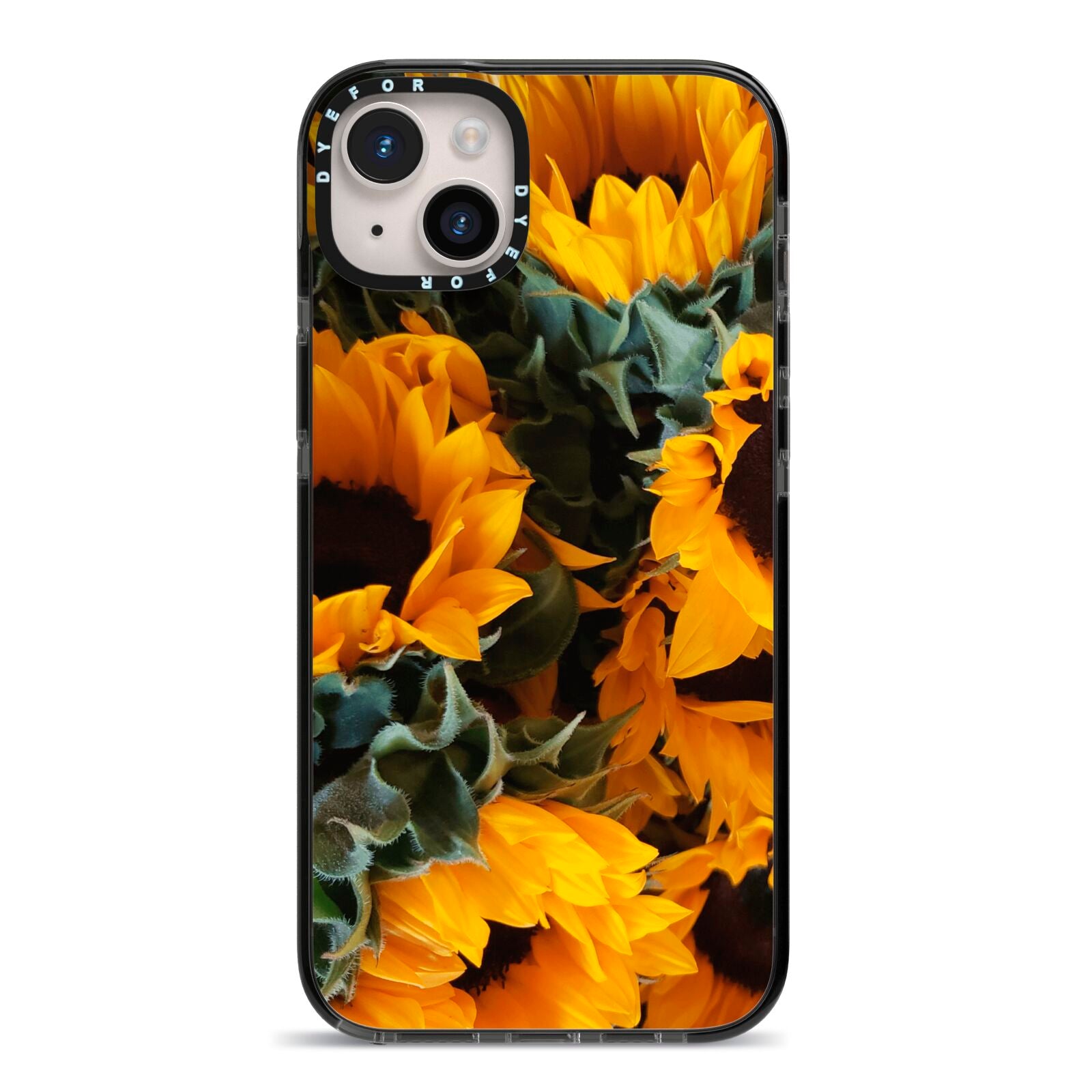 Sunflower iPhone 14 Plus Black Impact Case on Silver phone