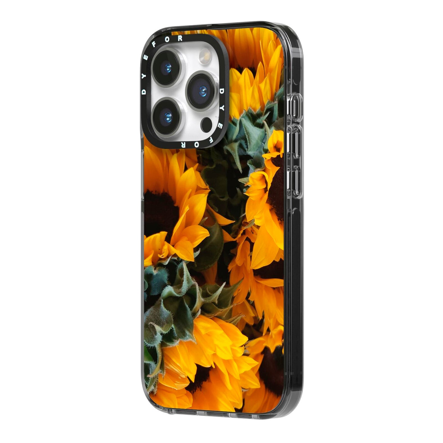 Sunflower iPhone 14 Pro Black Impact Case Side Angle on Silver phone