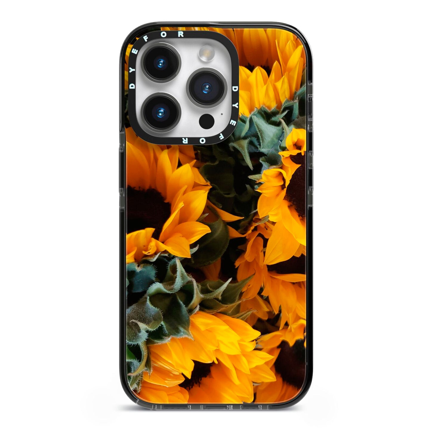 Sunflower iPhone 14 Pro Black Impact Case on Silver phone