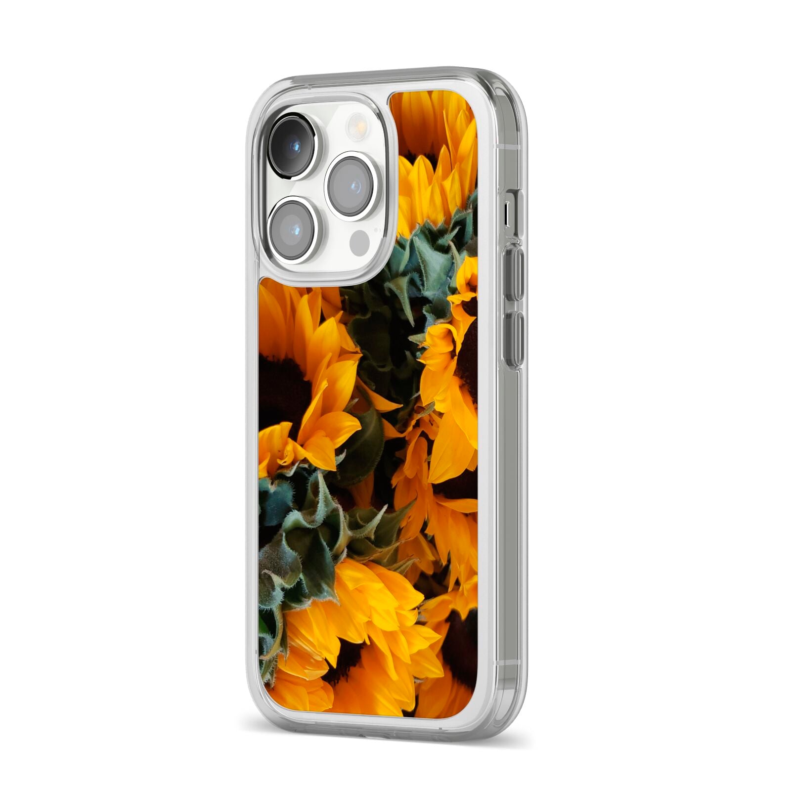 Sunflower iPhone 14 Pro Clear Tough Case Silver Angled Image