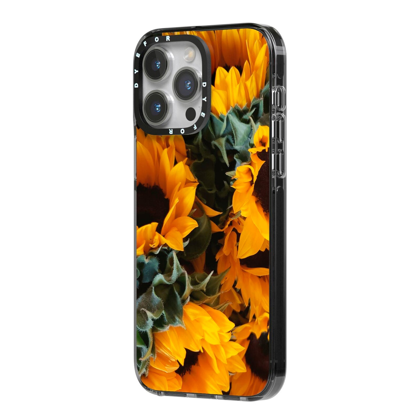 Sunflower iPhone 14 Pro Max Black Impact Case Side Angle on Silver phone