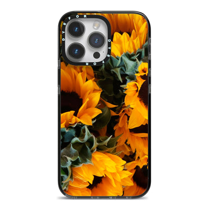 Sunflower iPhone 14 Pro Max Black Impact Case on Silver phone