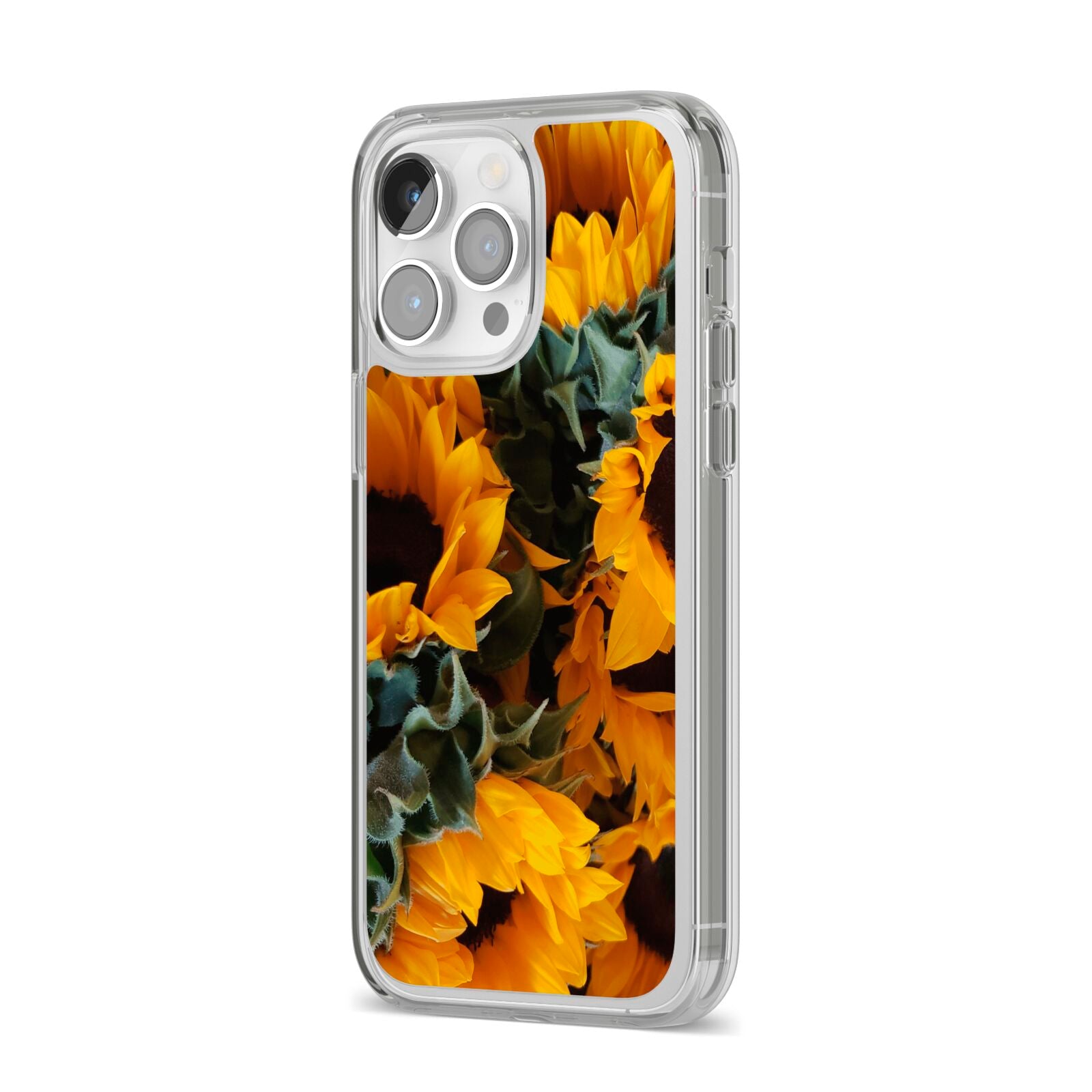 Sunflower iPhone 14 Pro Max Clear Tough Case Silver Angled Image