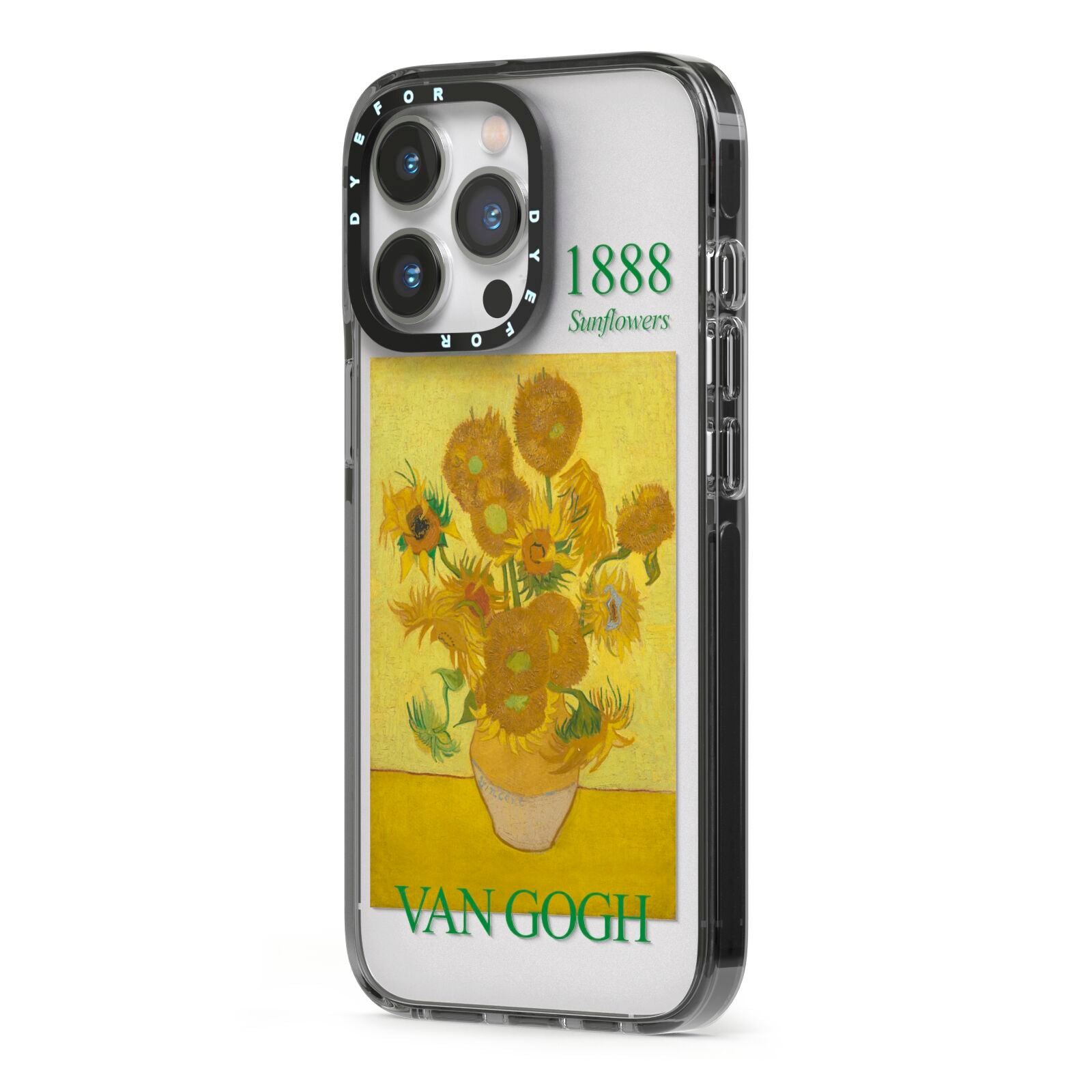 Sunflowers By Van Gogh iPhone 13 Pro Black Impact Case Side Angle on Silver phone