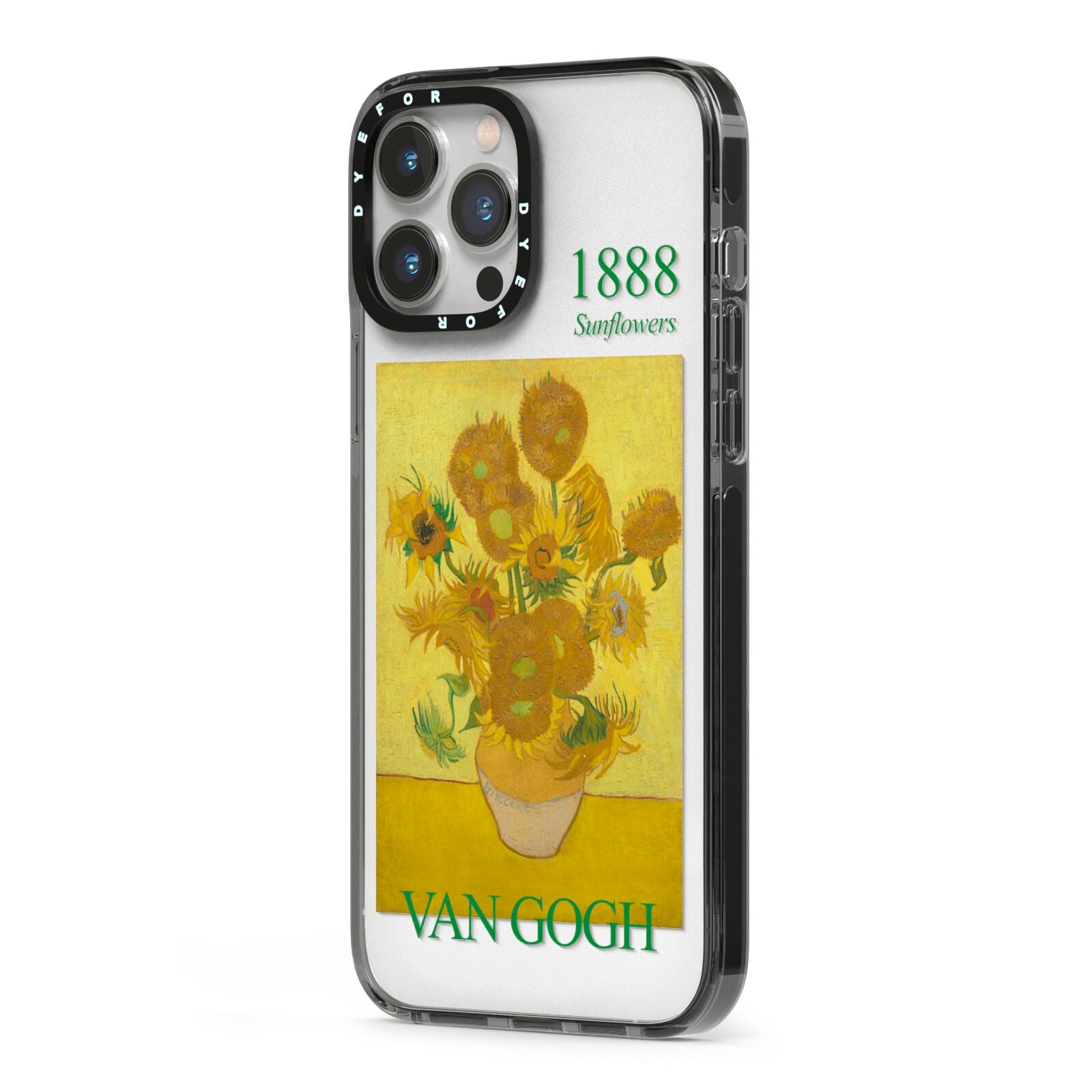 Sunflowers By Van Gogh iPhone 13 Pro Max Black Impact Case Side Angle on Silver phone