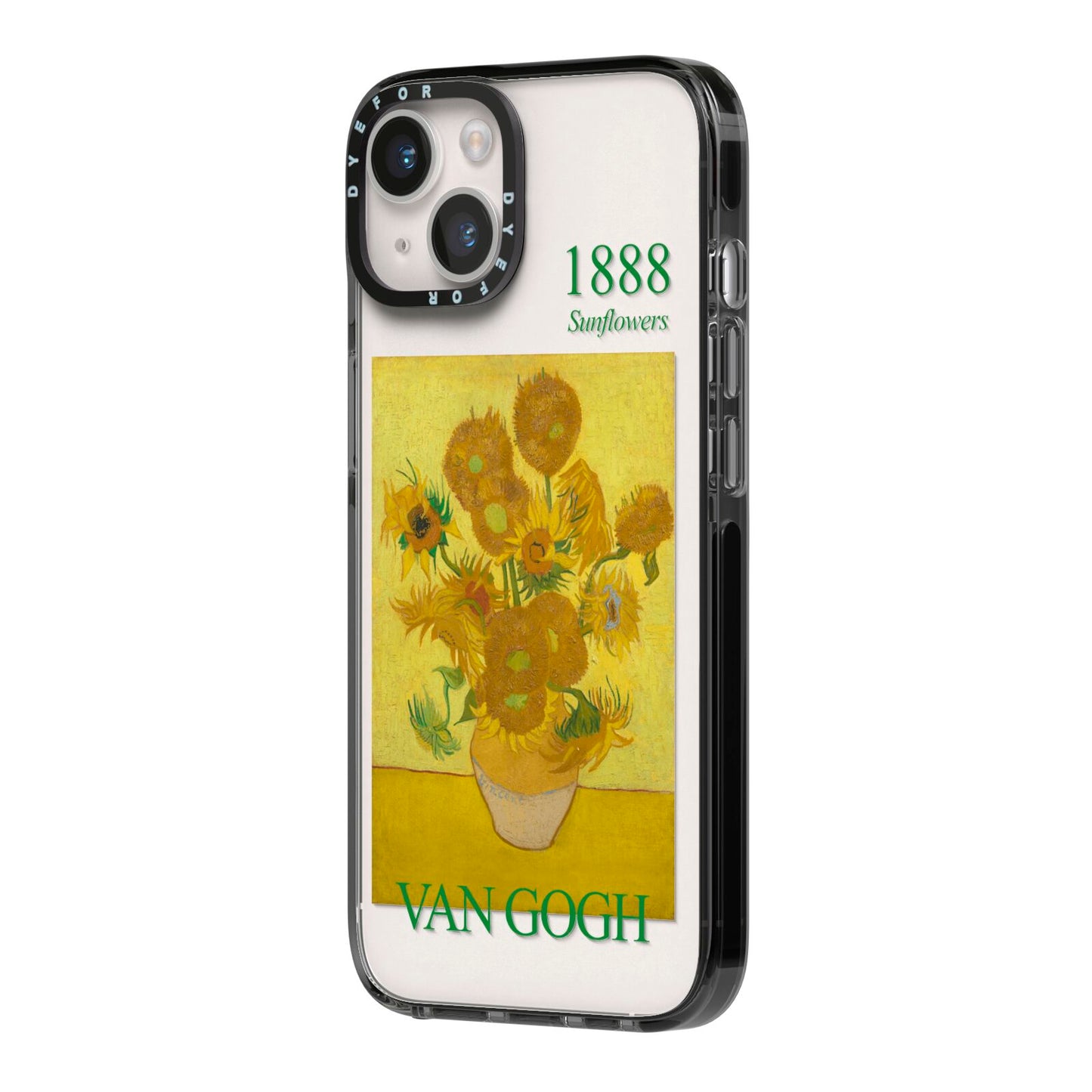 Sunflowers By Van Gogh iPhone 14 Black Impact Case Side Angle on Silver phone