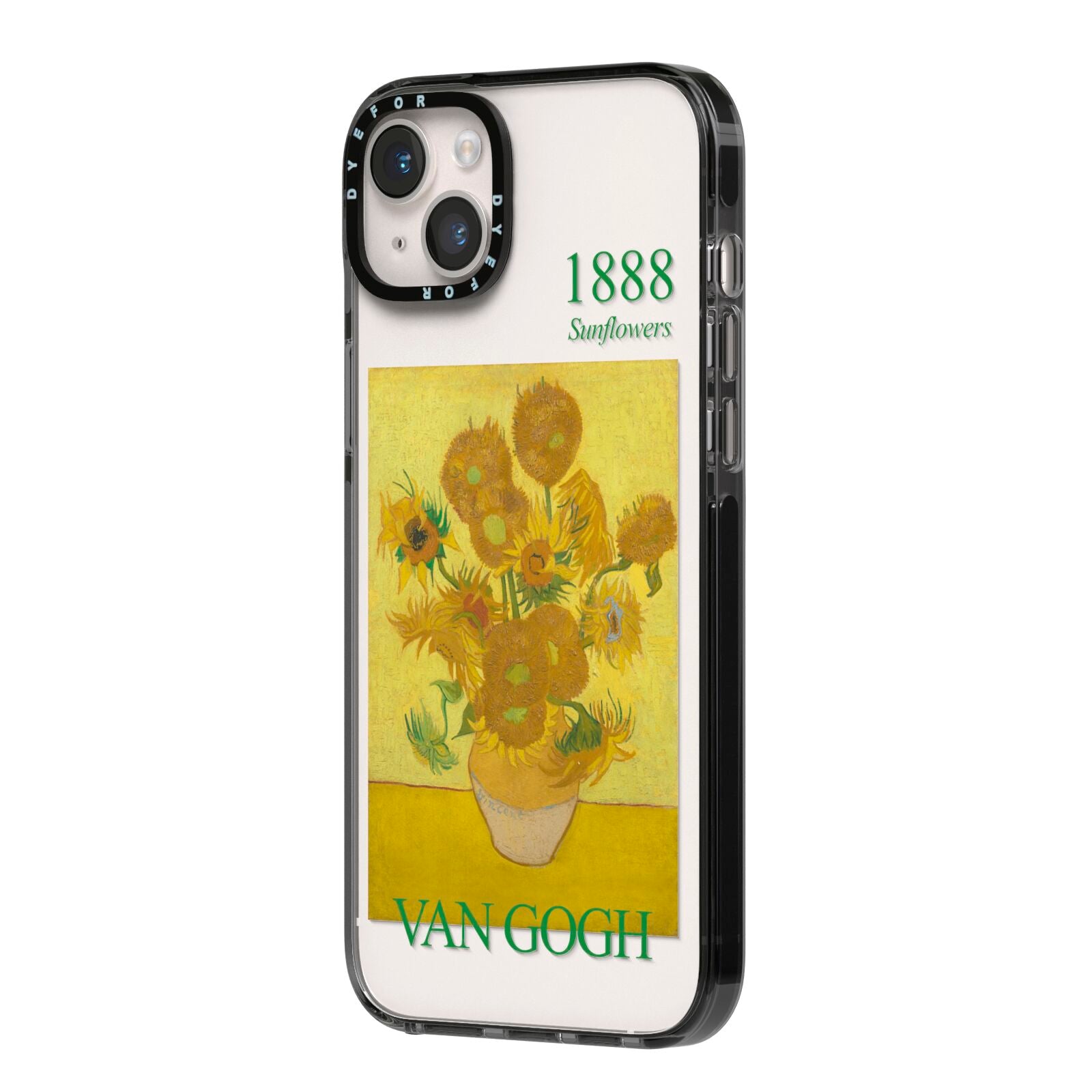 Sunflowers By Van Gogh iPhone 14 Plus Black Impact Case Side Angle on Silver phone