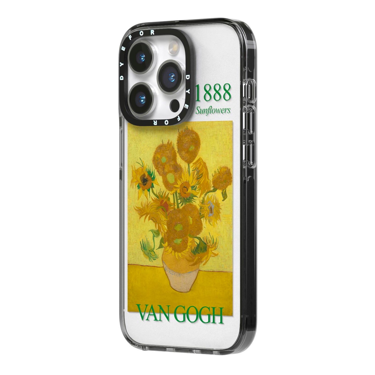 Sunflowers By Van Gogh iPhone 14 Pro Black Impact Case Side Angle on Silver phone