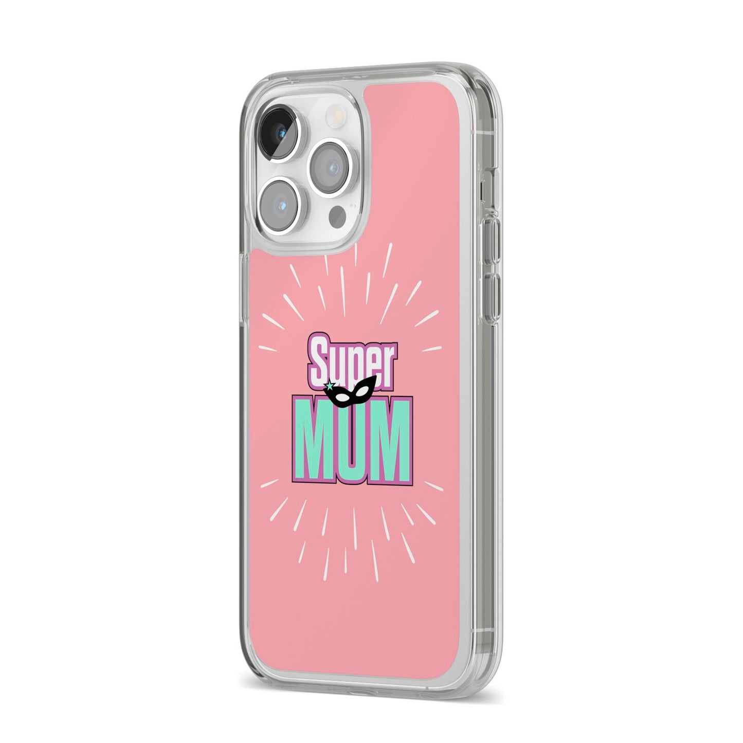 Super Mum Mothers Day iPhone 14 Pro Max Clear Tough Case Silver Angled Image