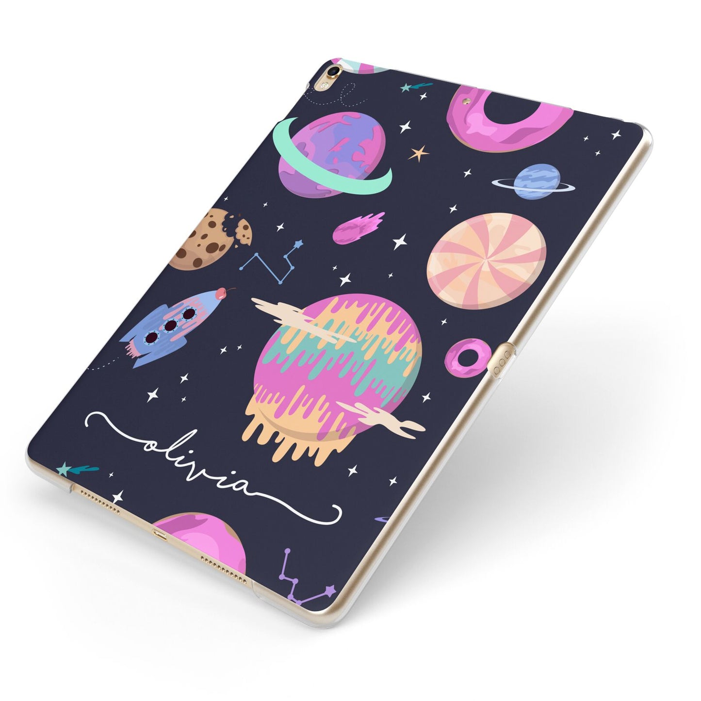 Super Sweet Galactic Custom Name Apple iPad Case on Gold iPad Side View