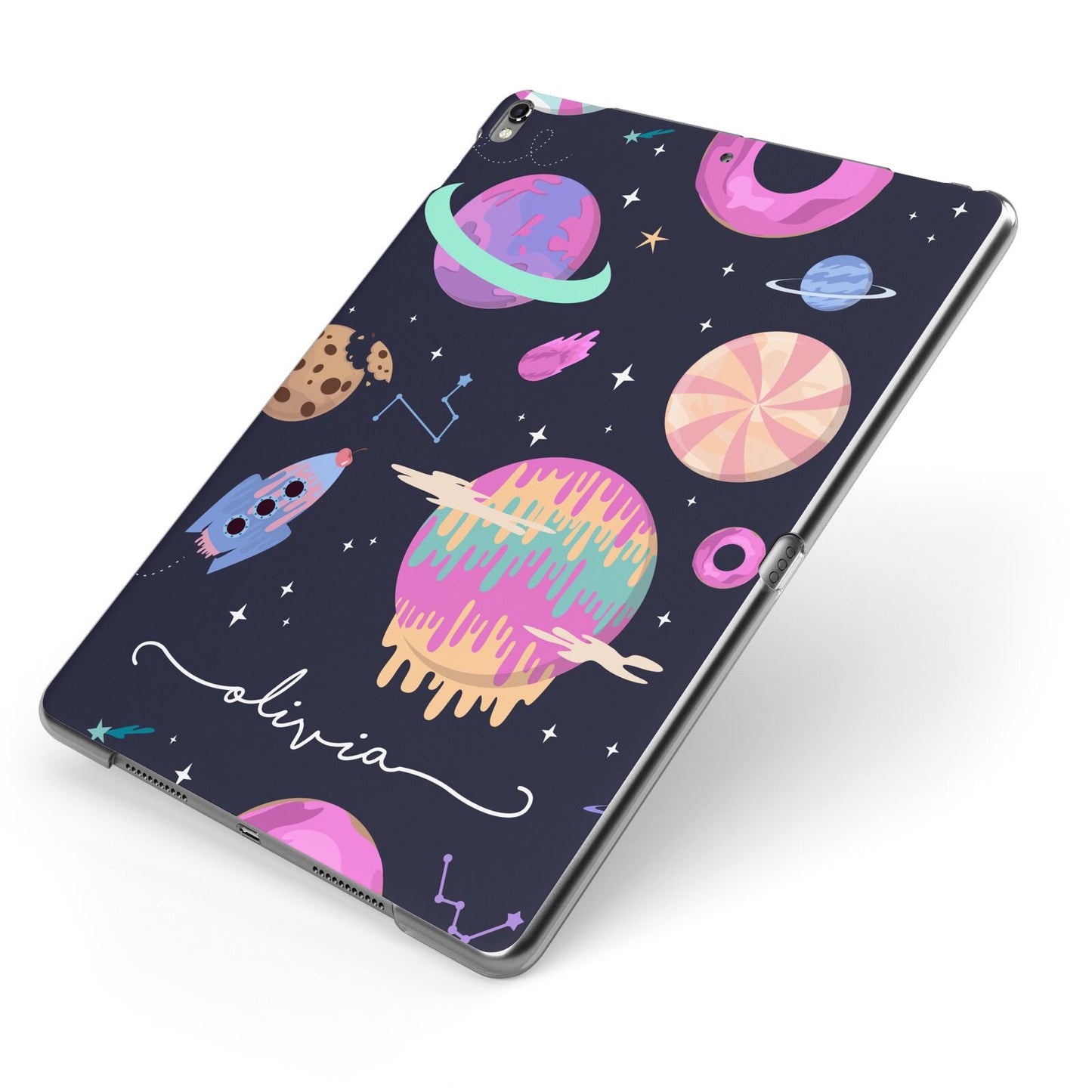 Super Sweet Galactic Custom Name Apple iPad Case on Grey iPad Side View