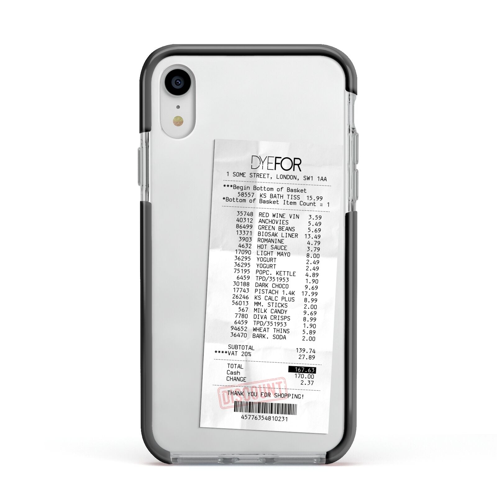 Supermarket Receipt Apple iPhone XR Impact Case Black Edge on Silver Phone