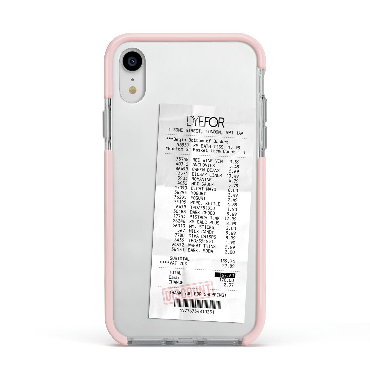 Supermarket Receipt Apple iPhone XR Impact Case Pink Edge on Silver Phone