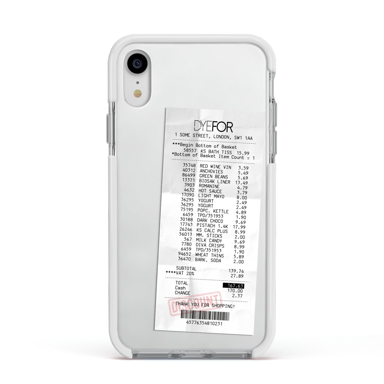 Supermarket Receipt Apple iPhone XR Impact Case White Edge on Silver Phone