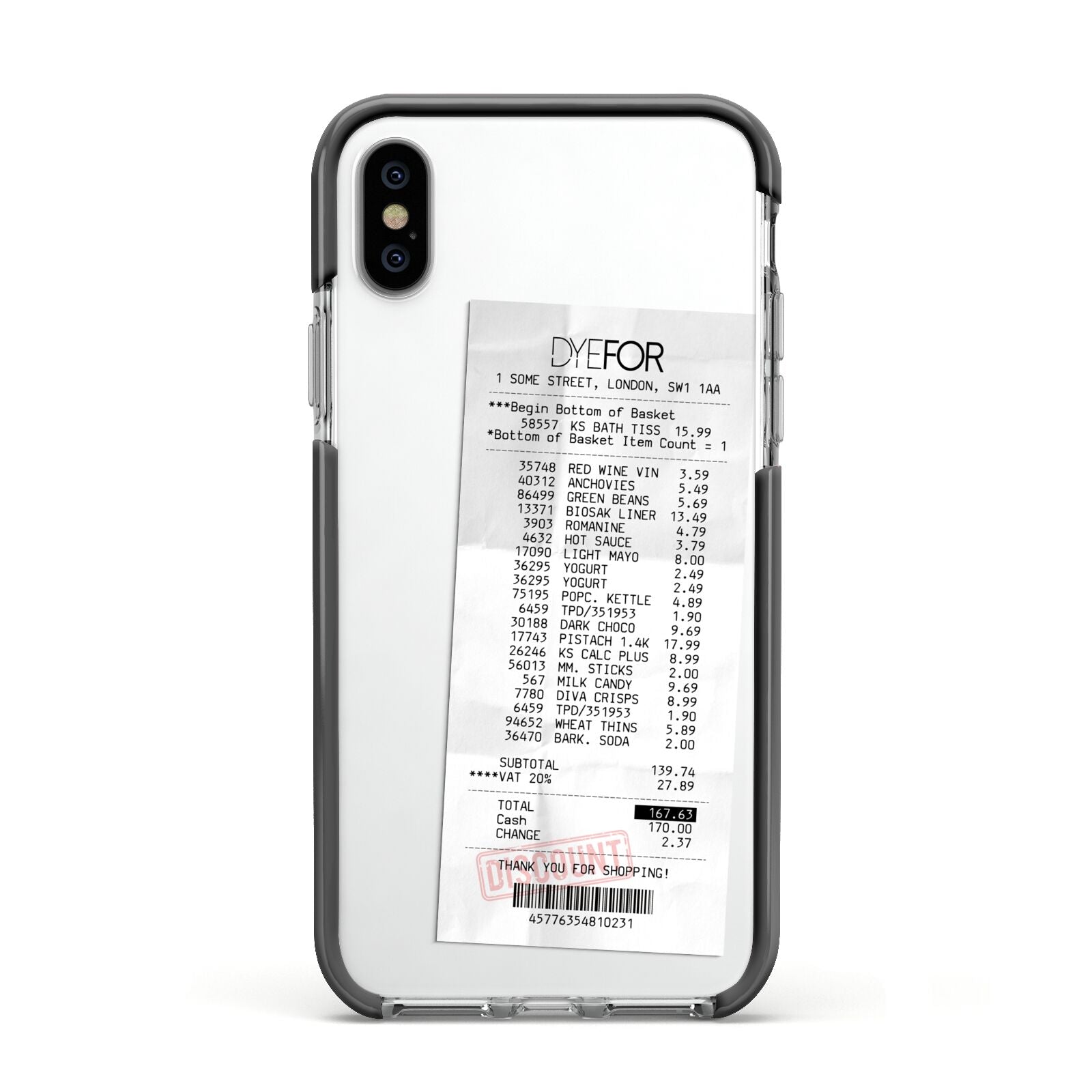 Supermarket Receipt Apple iPhone Xs Impact Case Black Edge on Silver Phone