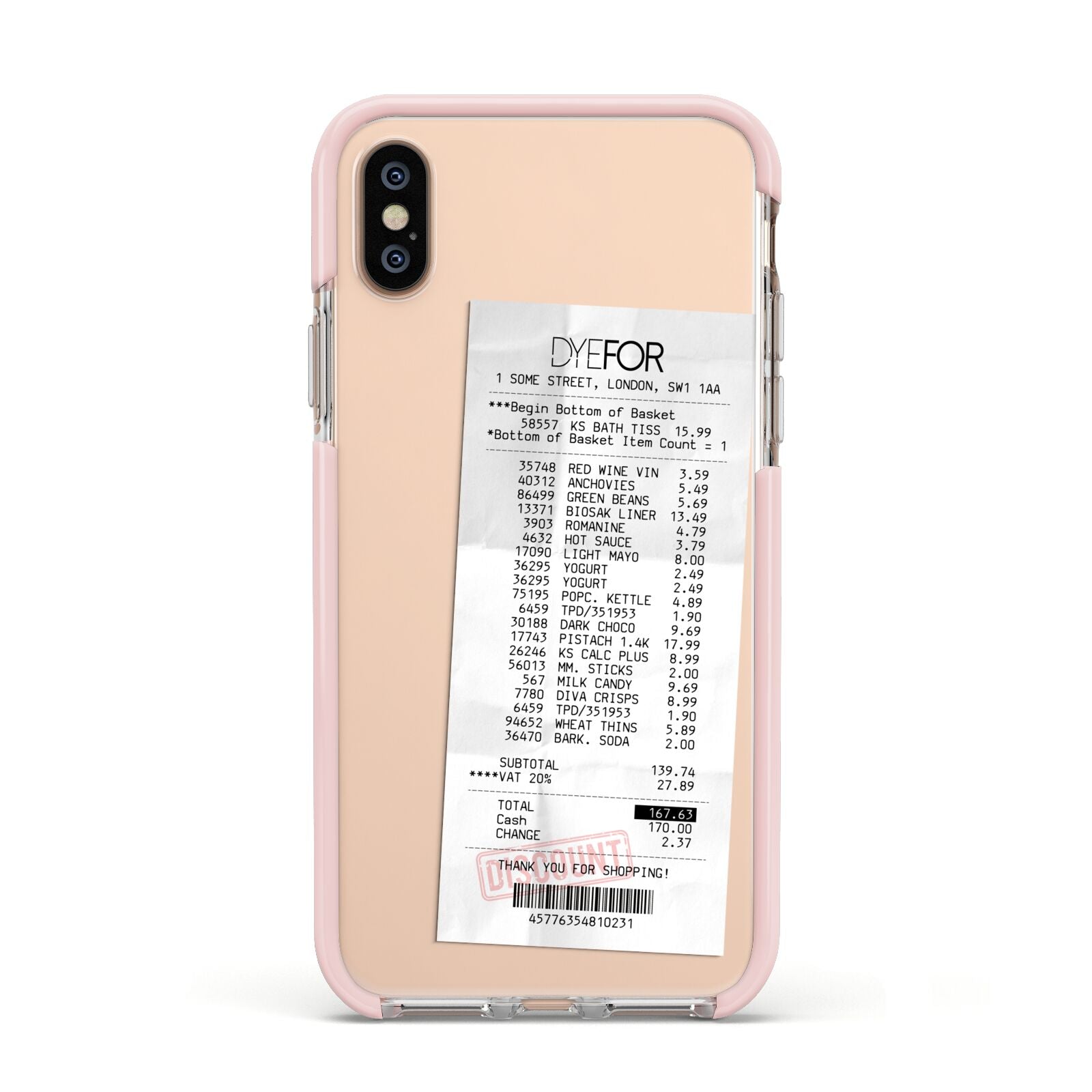 Supermarket Receipt Apple iPhone Xs Impact Case Pink Edge on Gold Phone