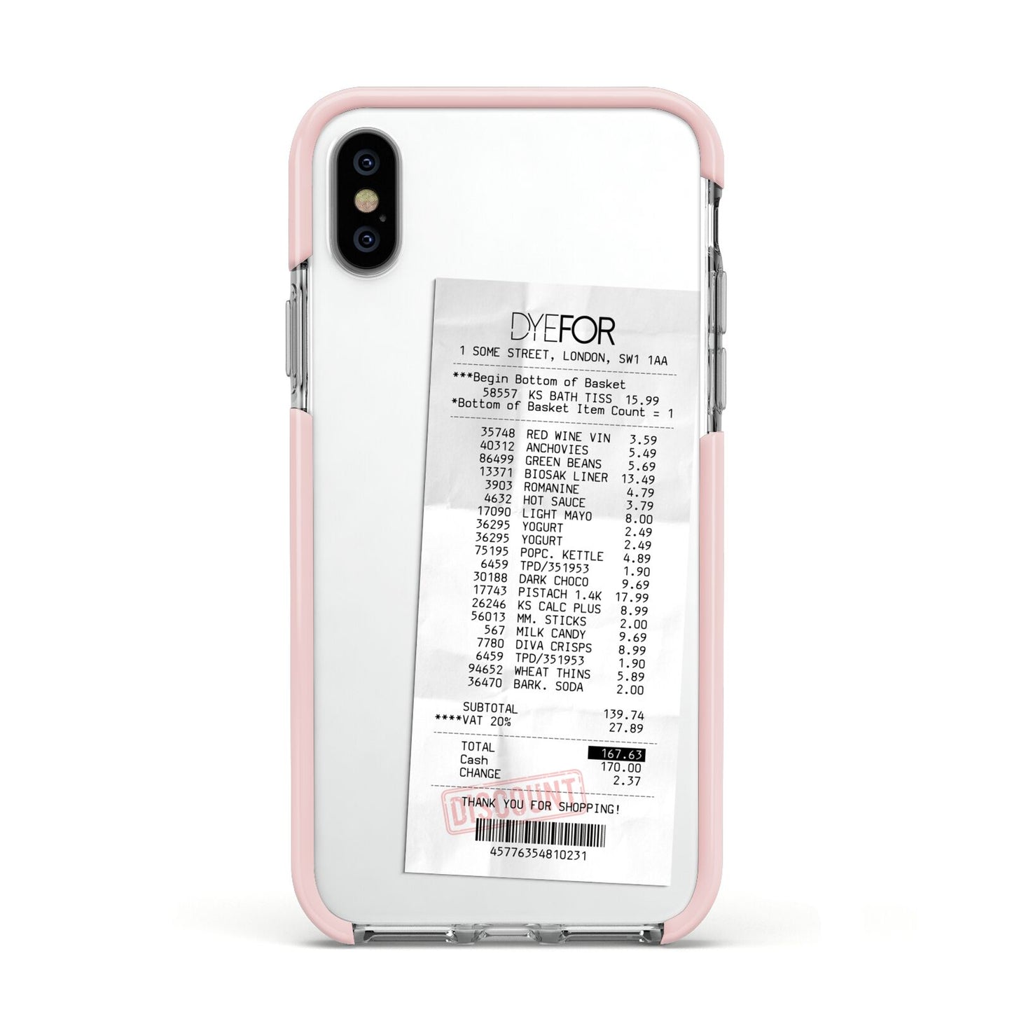 Supermarket Receipt Apple iPhone Xs Impact Case Pink Edge on Silver Phone