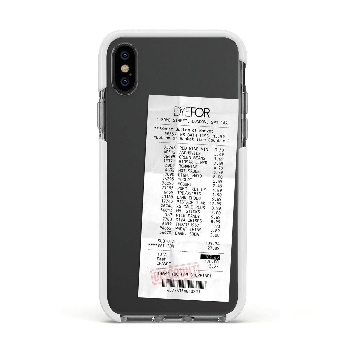 Supermarket Receipt Apple iPhone Xs Impact Case White Edge on Black Phone