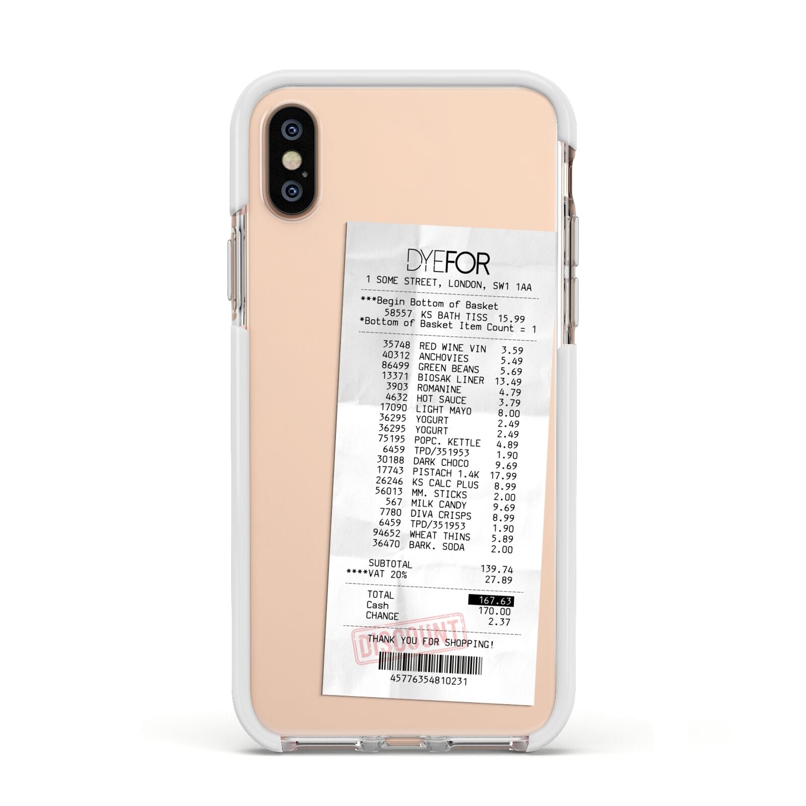 Supermarket Receipt Apple iPhone Xs Impact Case White Edge on Gold Phone