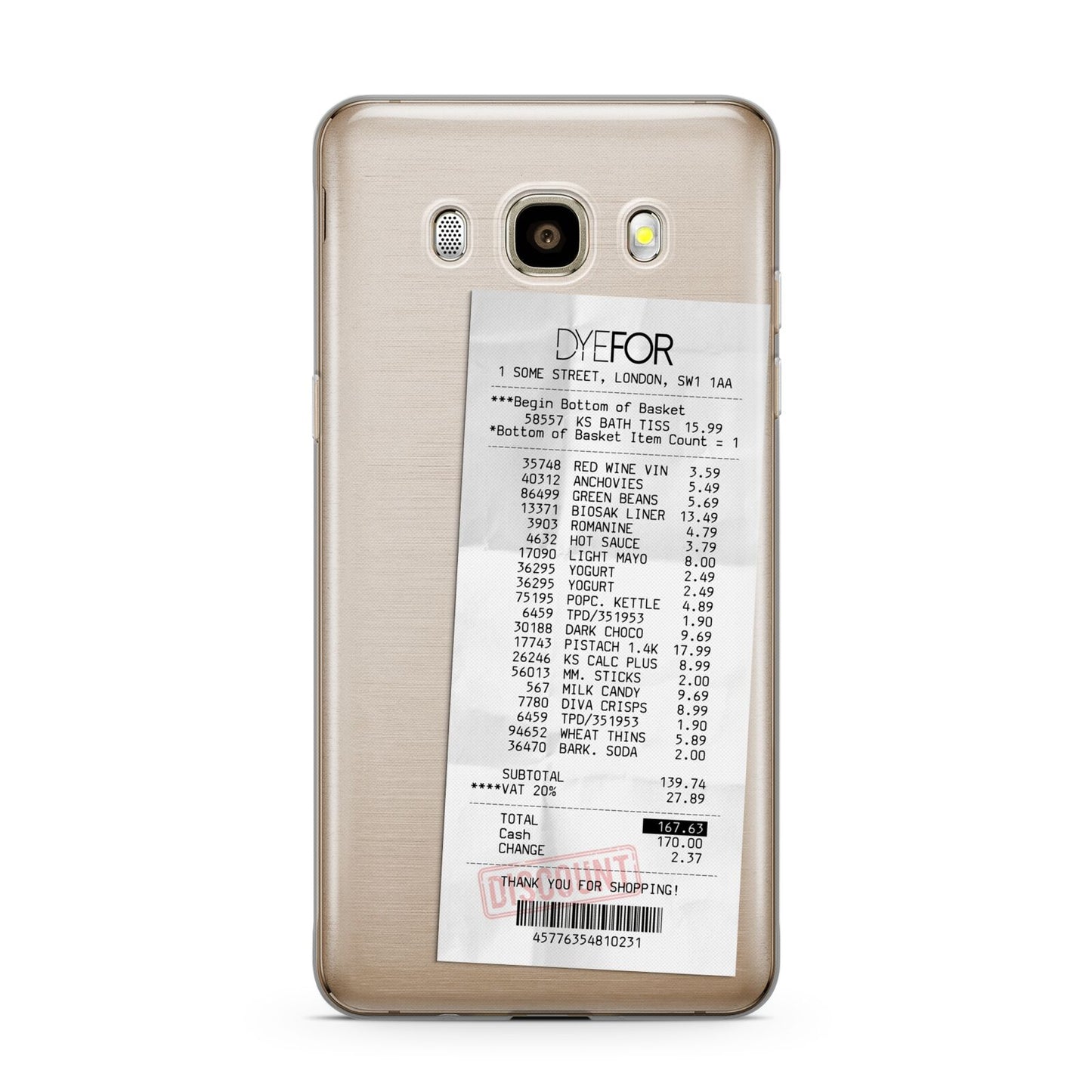 Supermarket Receipt Samsung Galaxy J7 2016 Case on gold phone