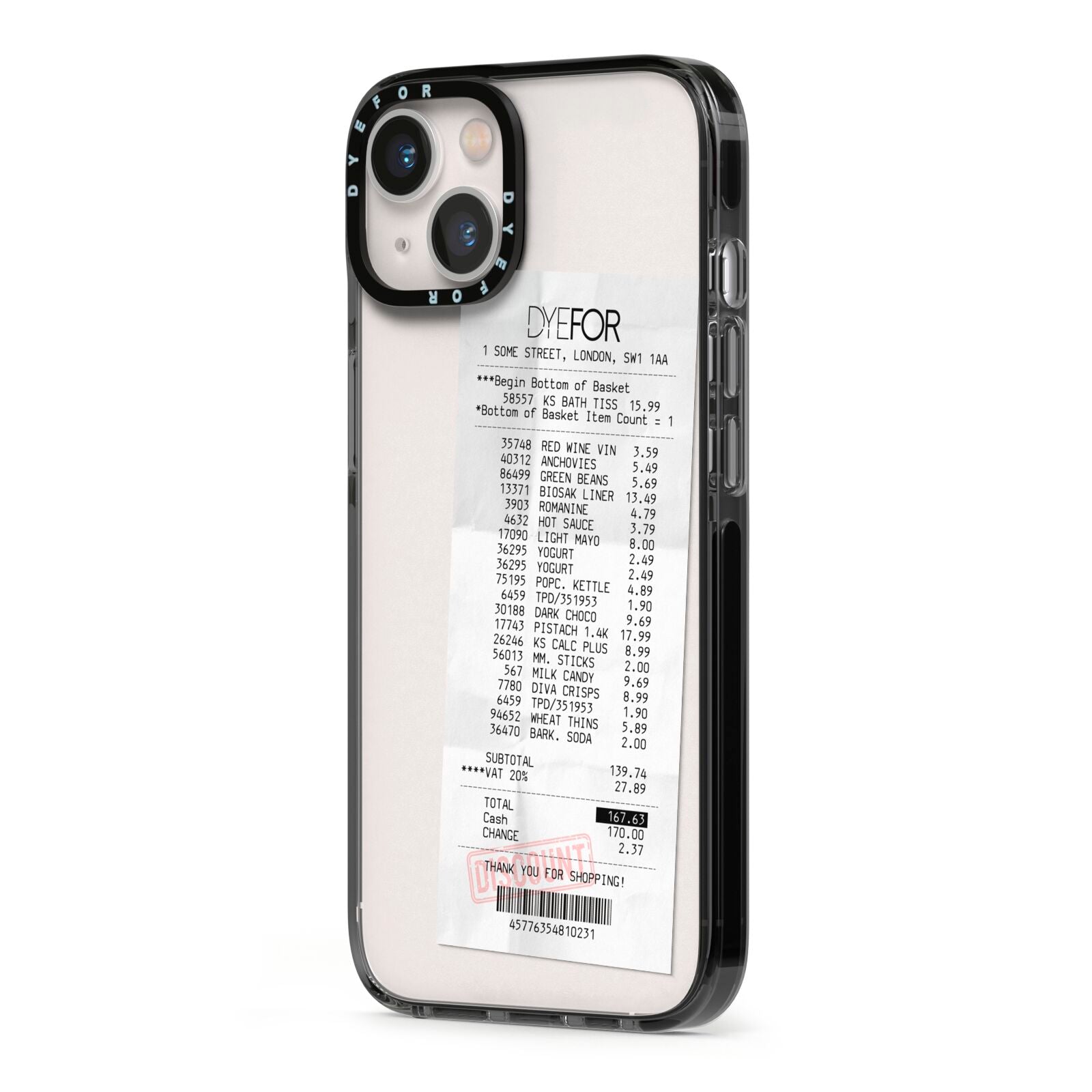 Supermarket Receipt iPhone 13 Black Impact Case Side Angle on Silver phone