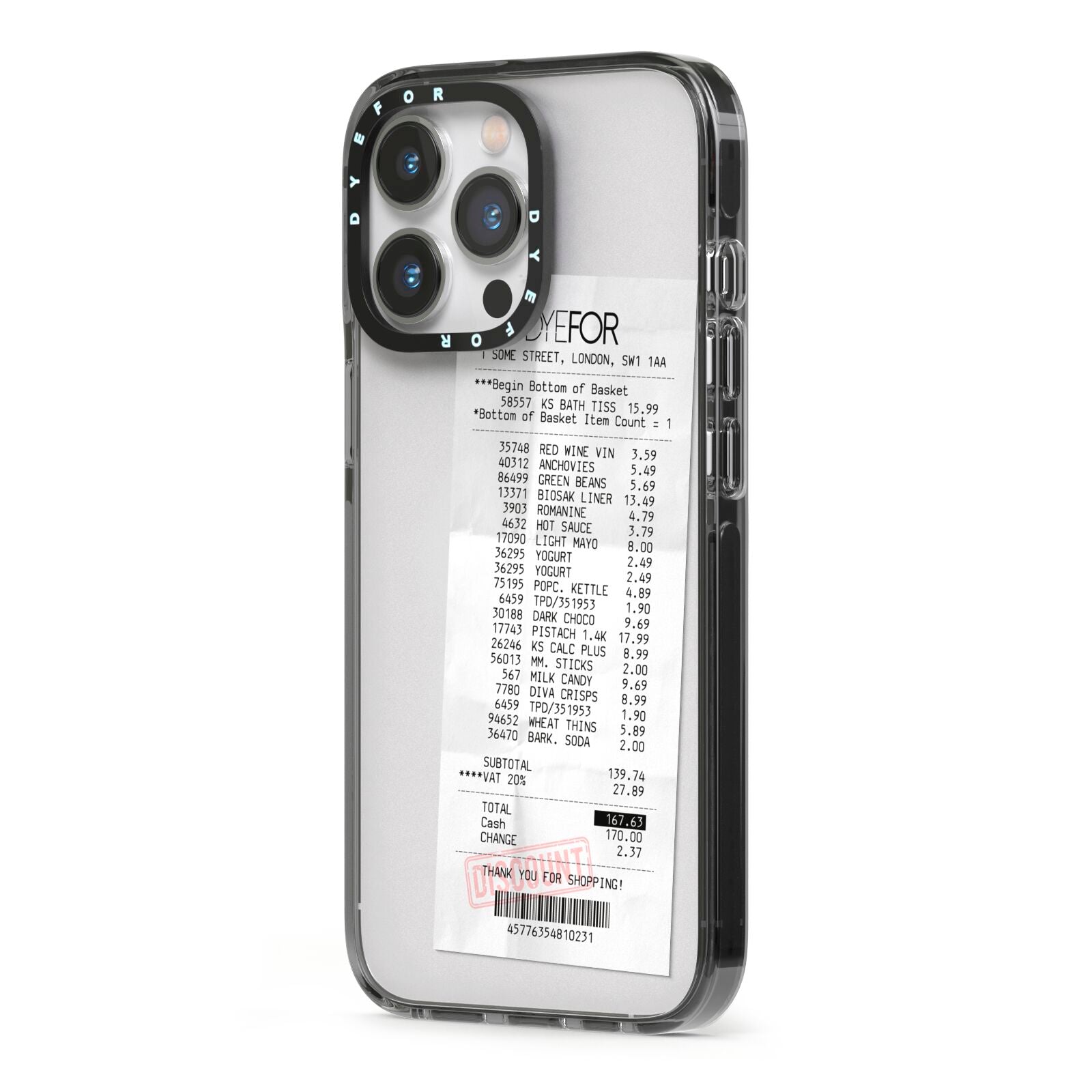 Supermarket Receipt iPhone 13 Pro Black Impact Case Side Angle on Silver phone