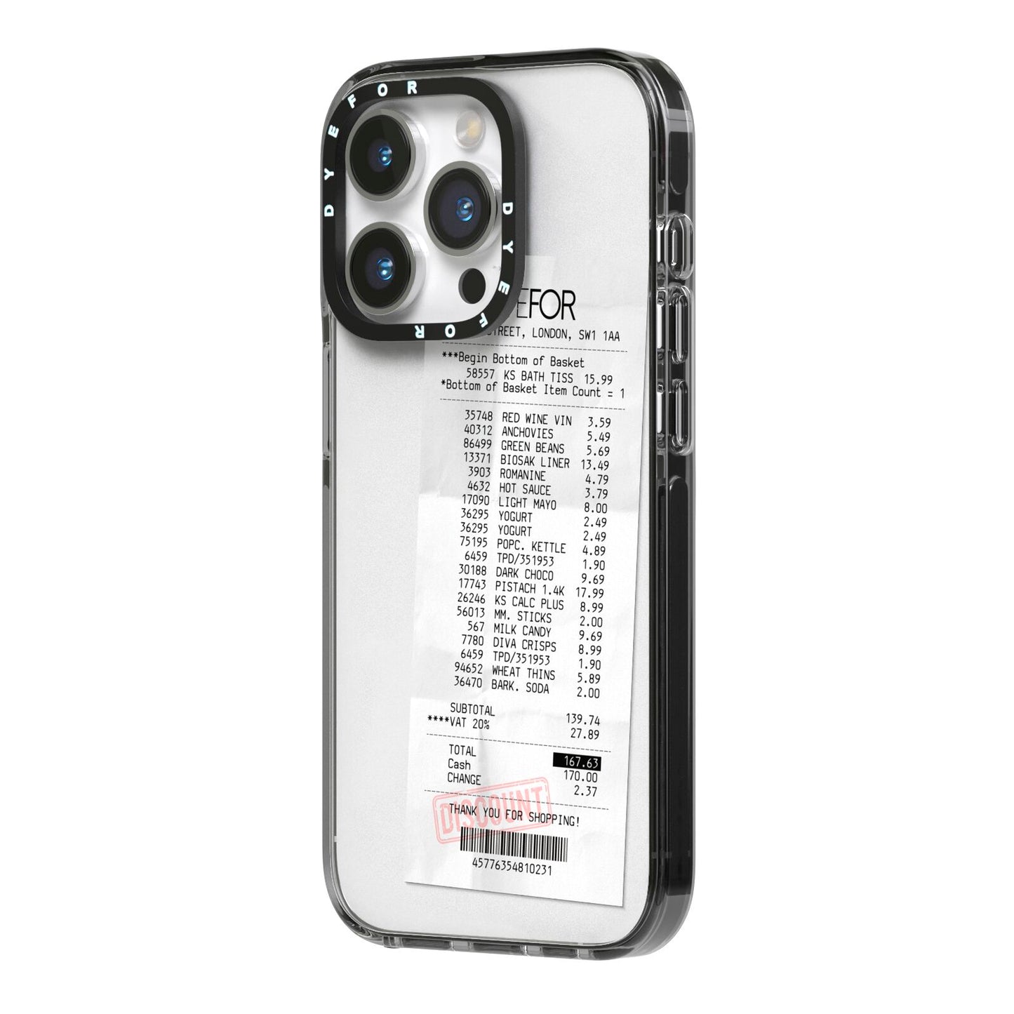 Supermarket Receipt iPhone 14 Pro Black Impact Case Side Angle on Silver phone