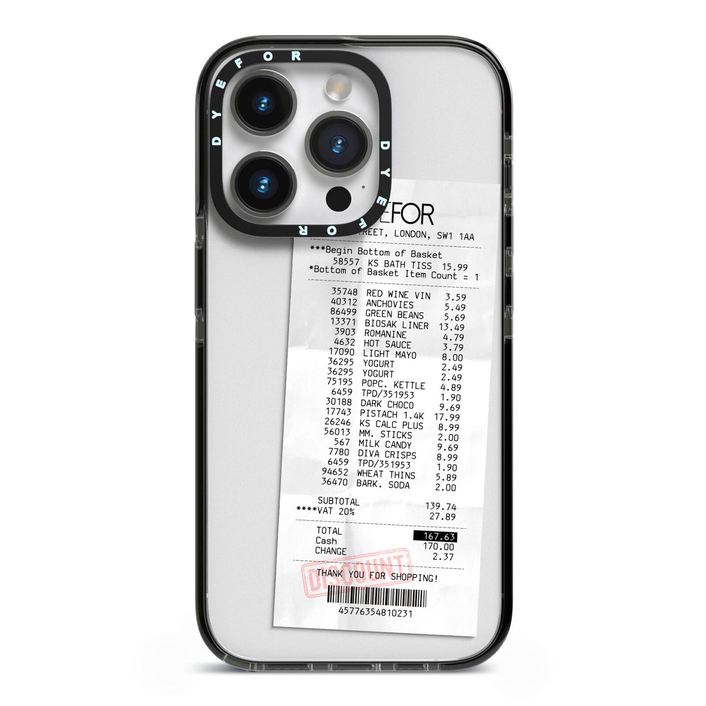 Supermarket Receipt iPhone 14 Pro Black Impact Case on Silver phone