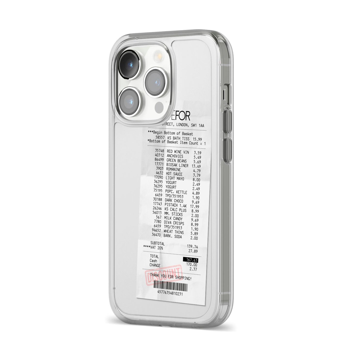 Supermarket Receipt iPhone 14 Pro Clear Tough Case Silver Angled Image