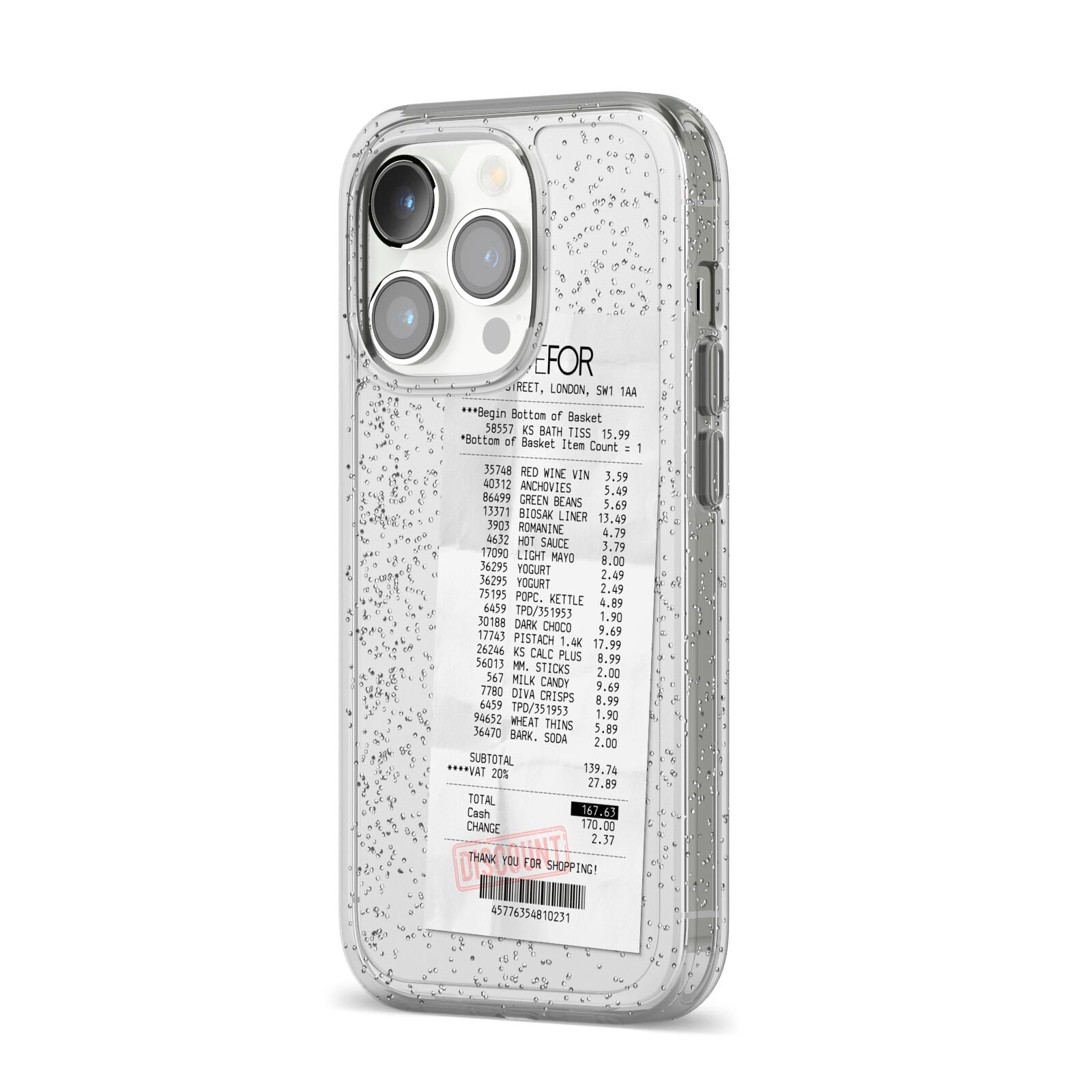 Supermarket Receipt iPhone 14 Pro Glitter Tough Case Silver Angled Image