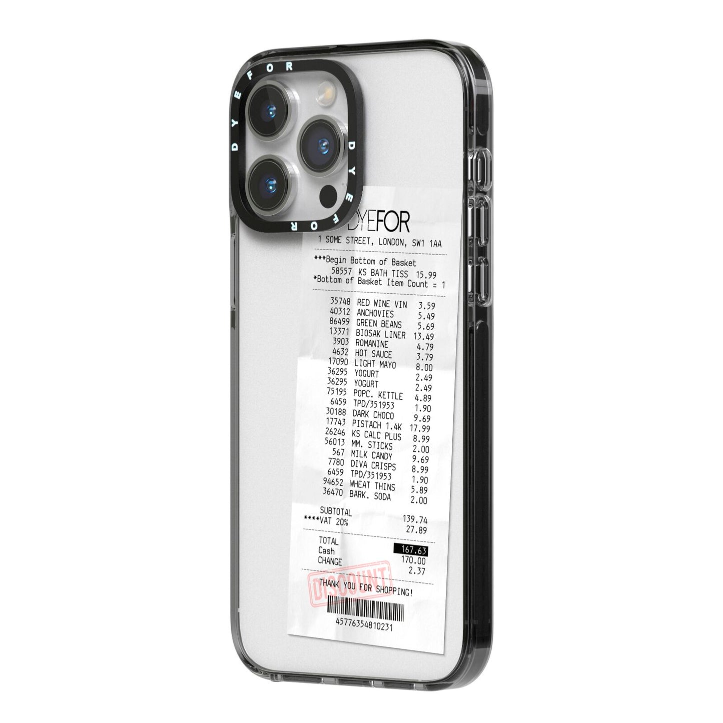 Supermarket Receipt iPhone 14 Pro Max Black Impact Case Side Angle on Silver phone