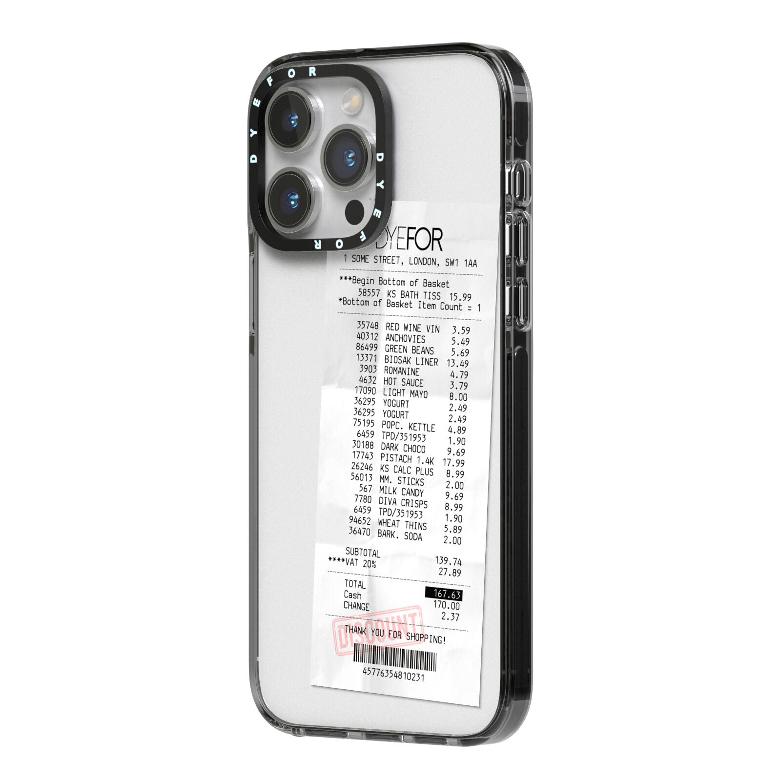 Supermarket Receipt iPhone 14 Pro Max Black Impact Case Side Angle on Silver phone