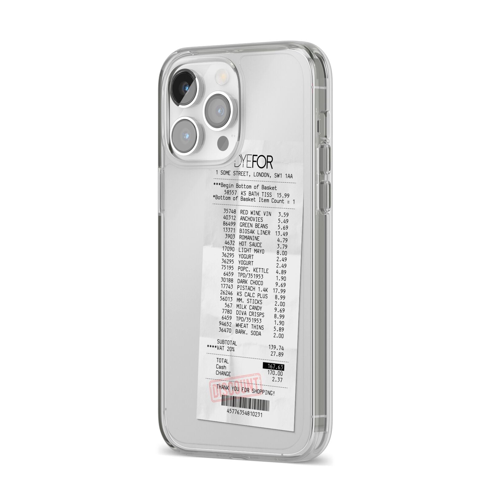 Supermarket Receipt iPhone 14 Pro Max Clear Tough Case Silver Angled Image