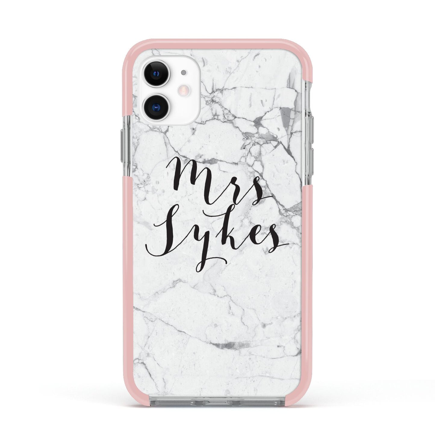 Surname Personalised Marble Apple iPhone 11 in White with Pink Impact Case