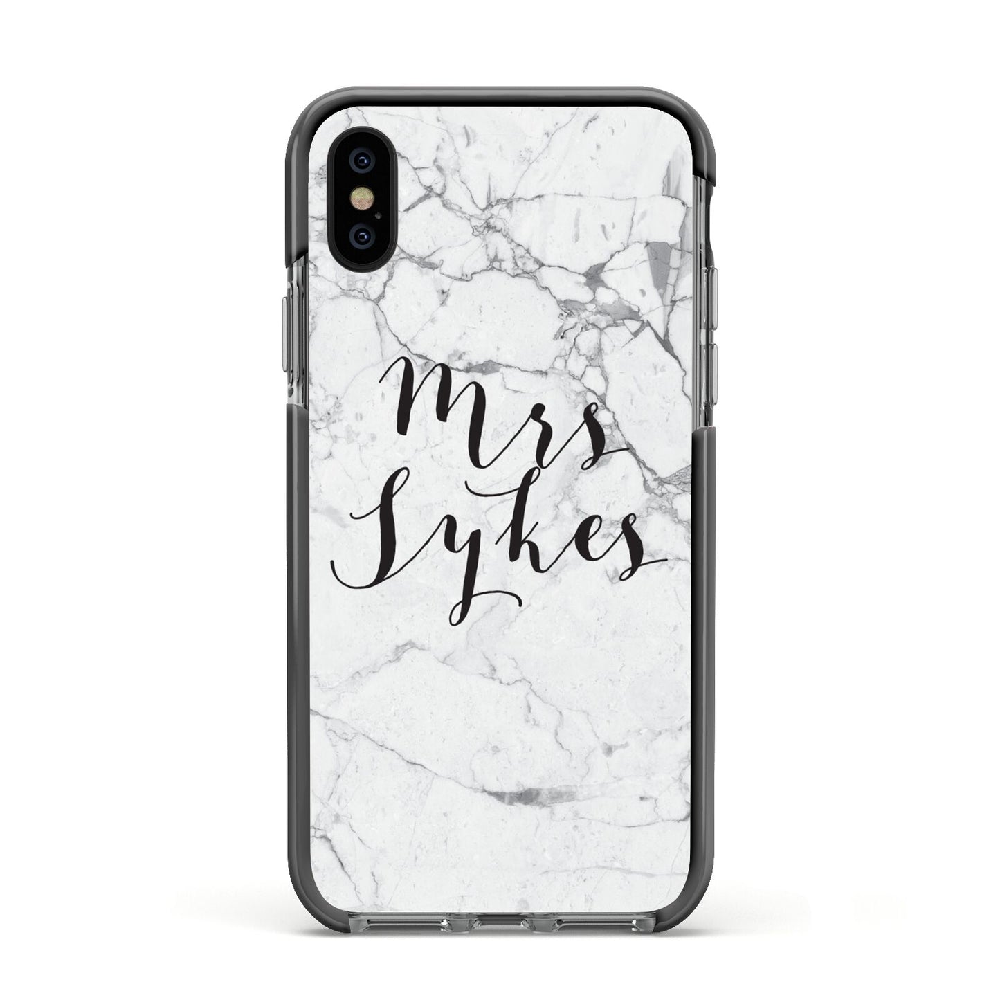 Surname Personalised Marble Apple iPhone Xs Impact Case Black Edge on Black Phone