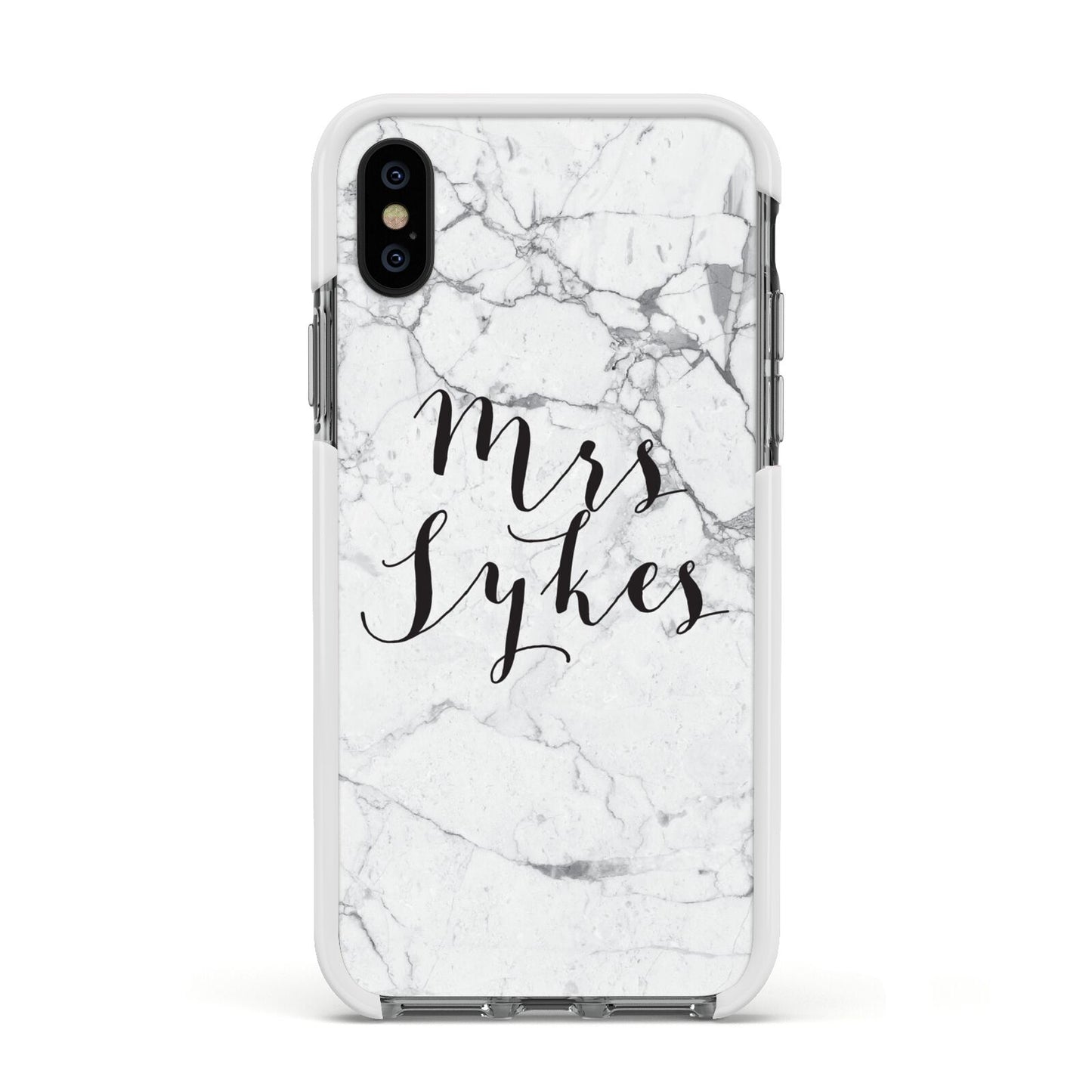 Surname Personalised Marble Apple iPhone Xs Impact Case White Edge on Black Phone