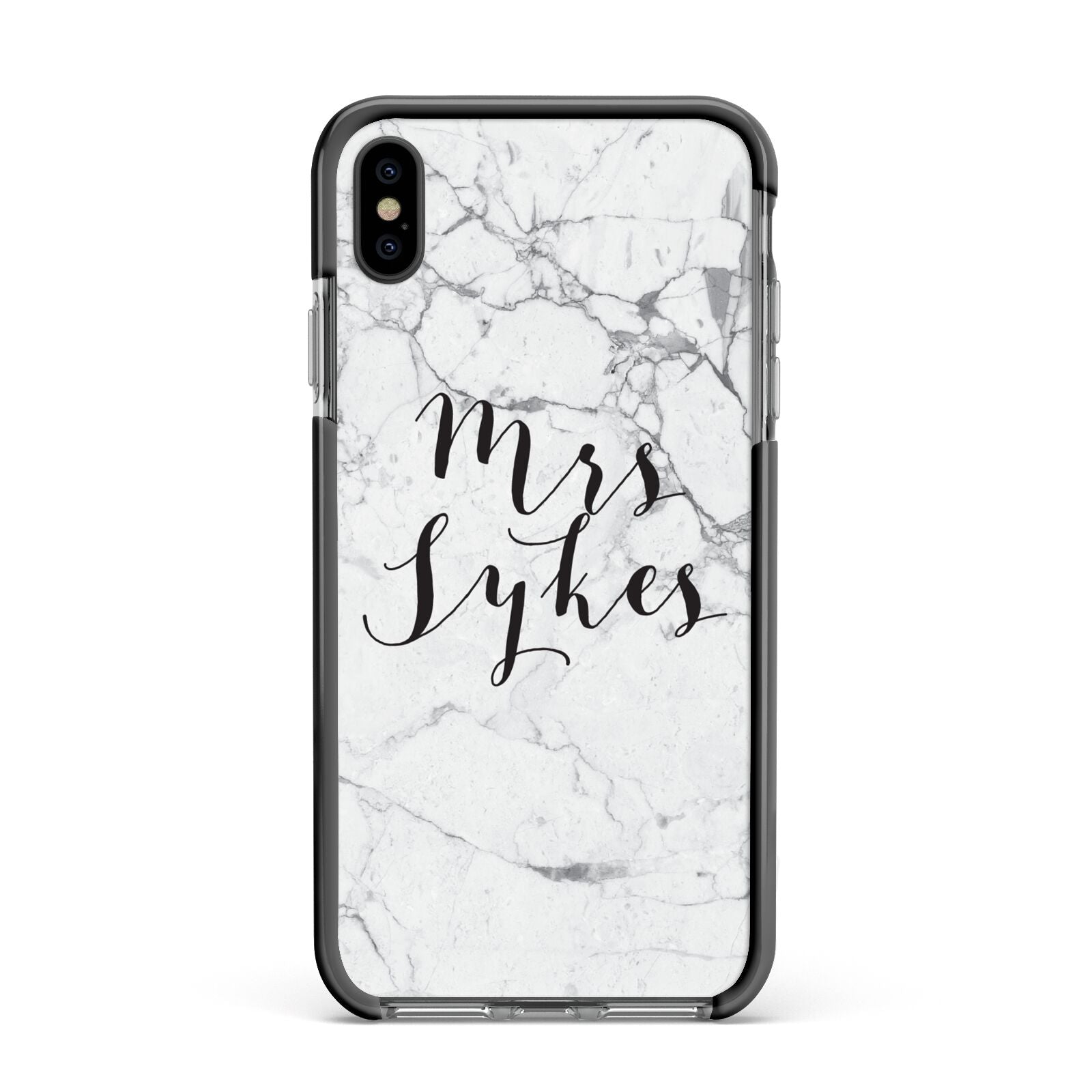 Surname Personalised Marble Apple iPhone Xs Max Impact Case Black Edge on Black Phone