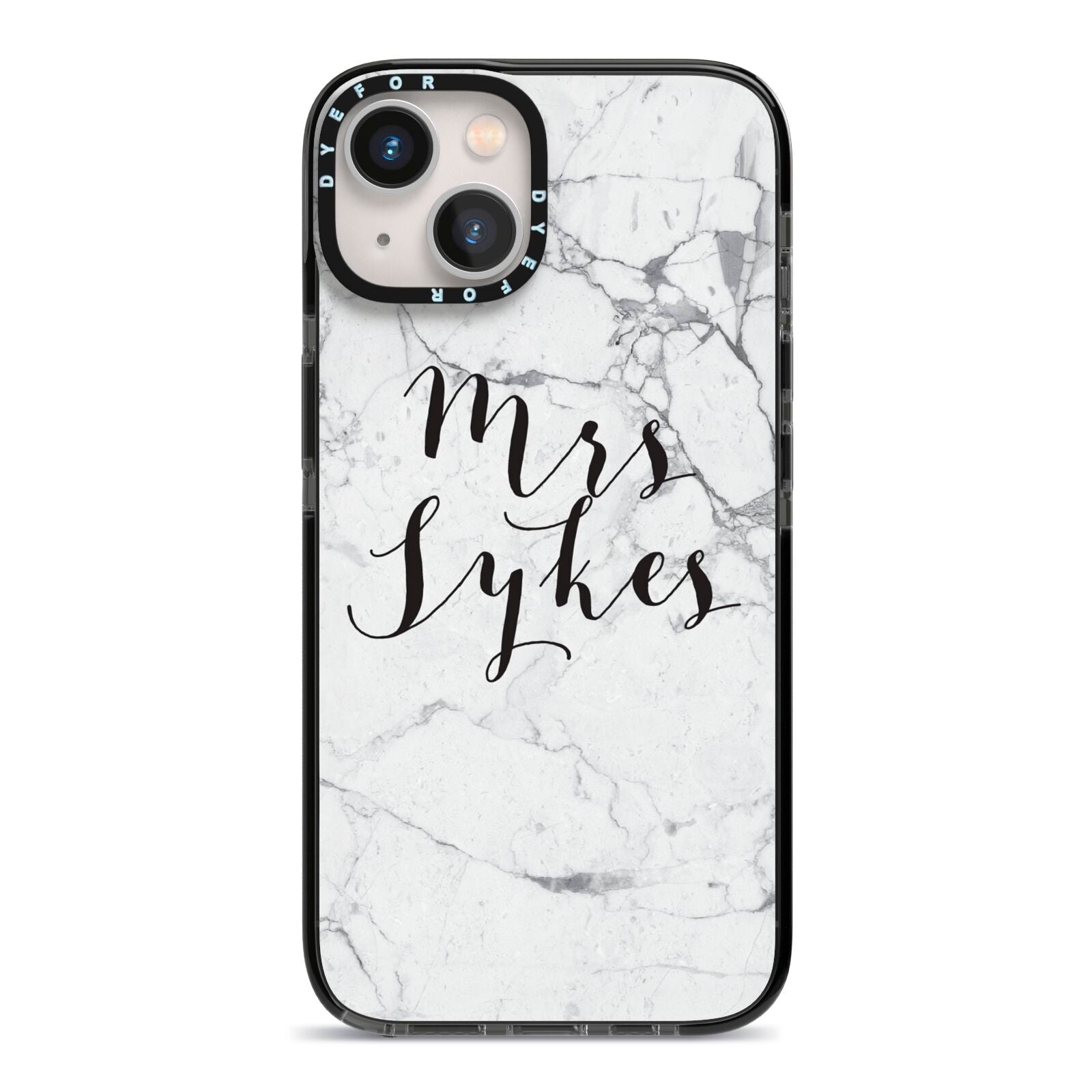 Surname Personalised Marble iPhone 13 Black Impact Case on Silver phone