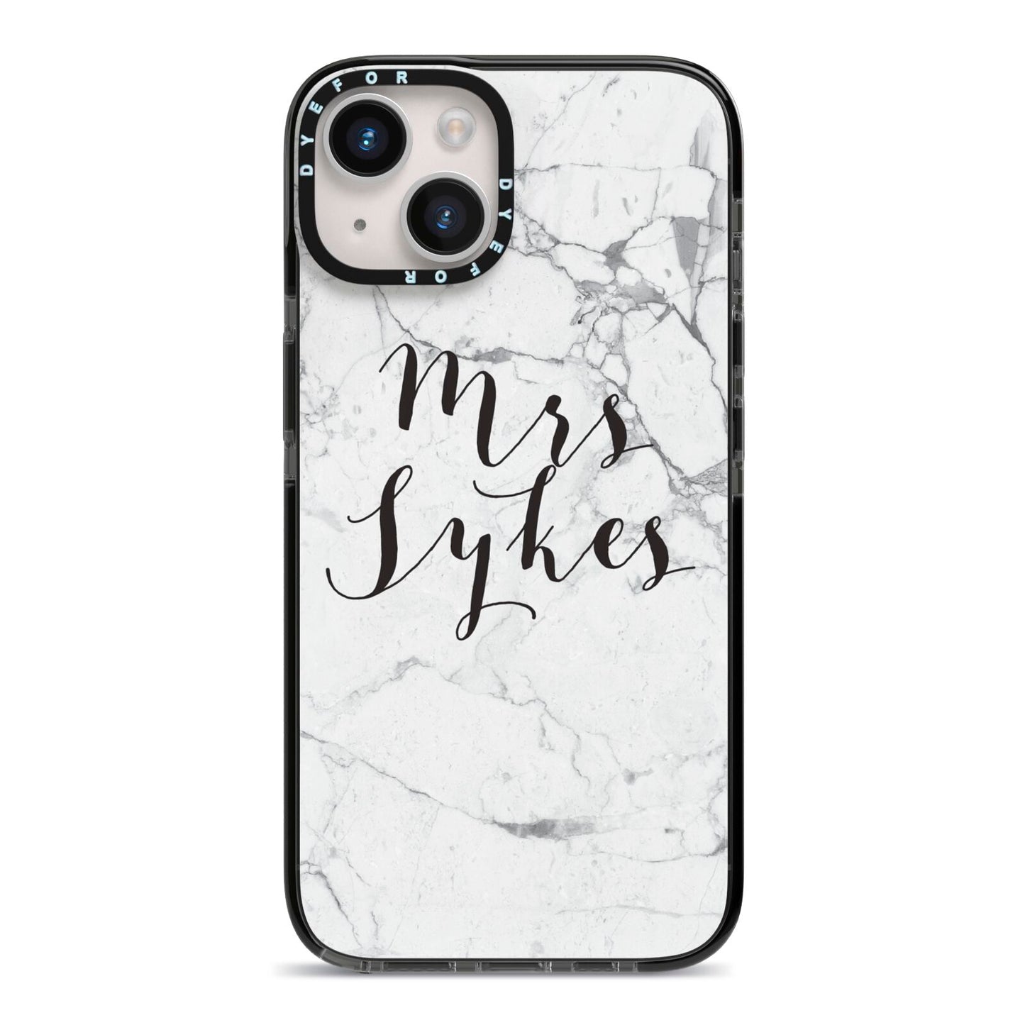 Surname Personalised Marble iPhone 14 Black Impact Case on Silver phone