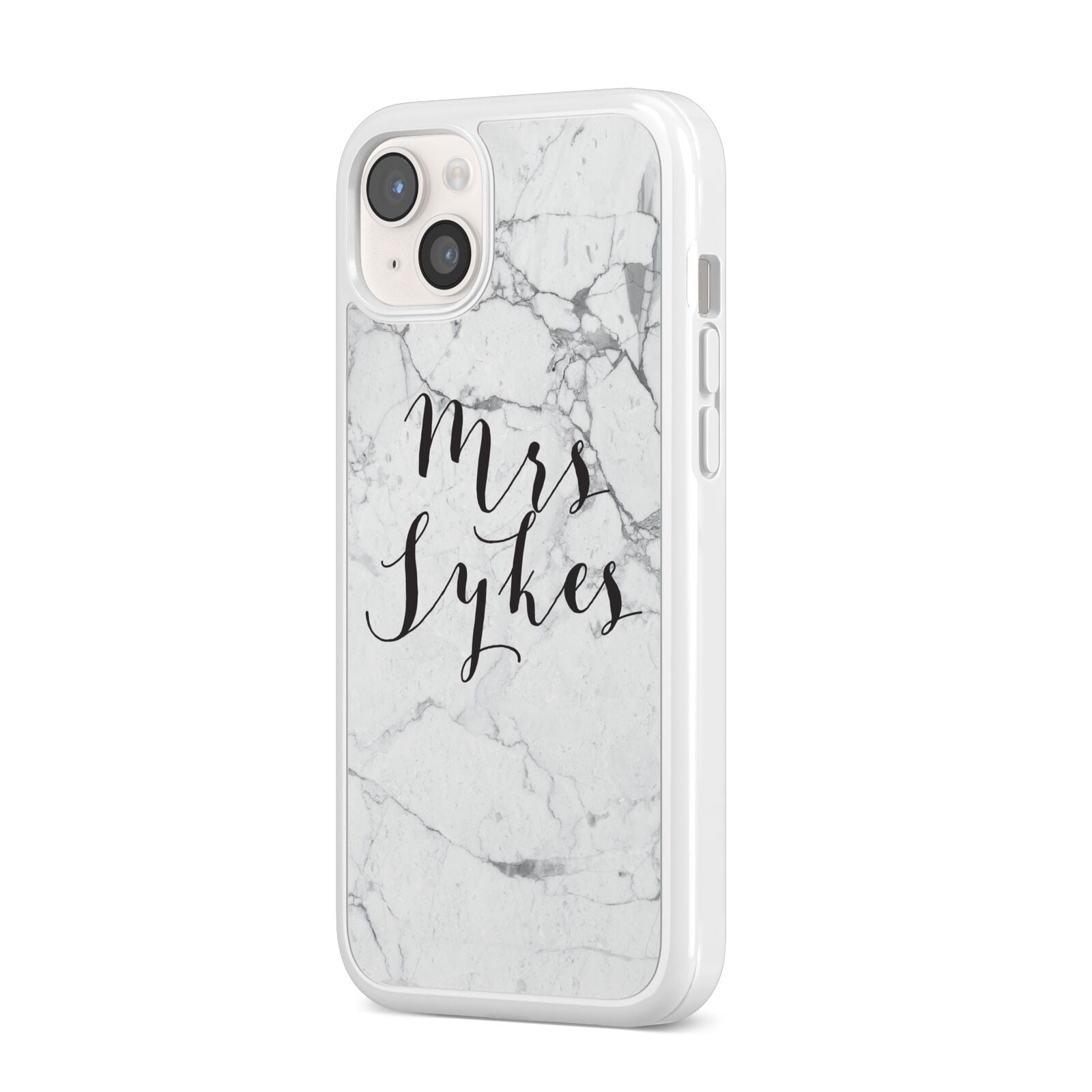 Surname Personalised Marble iPhone 14 Plus Clear Tough Case Starlight Angled Image