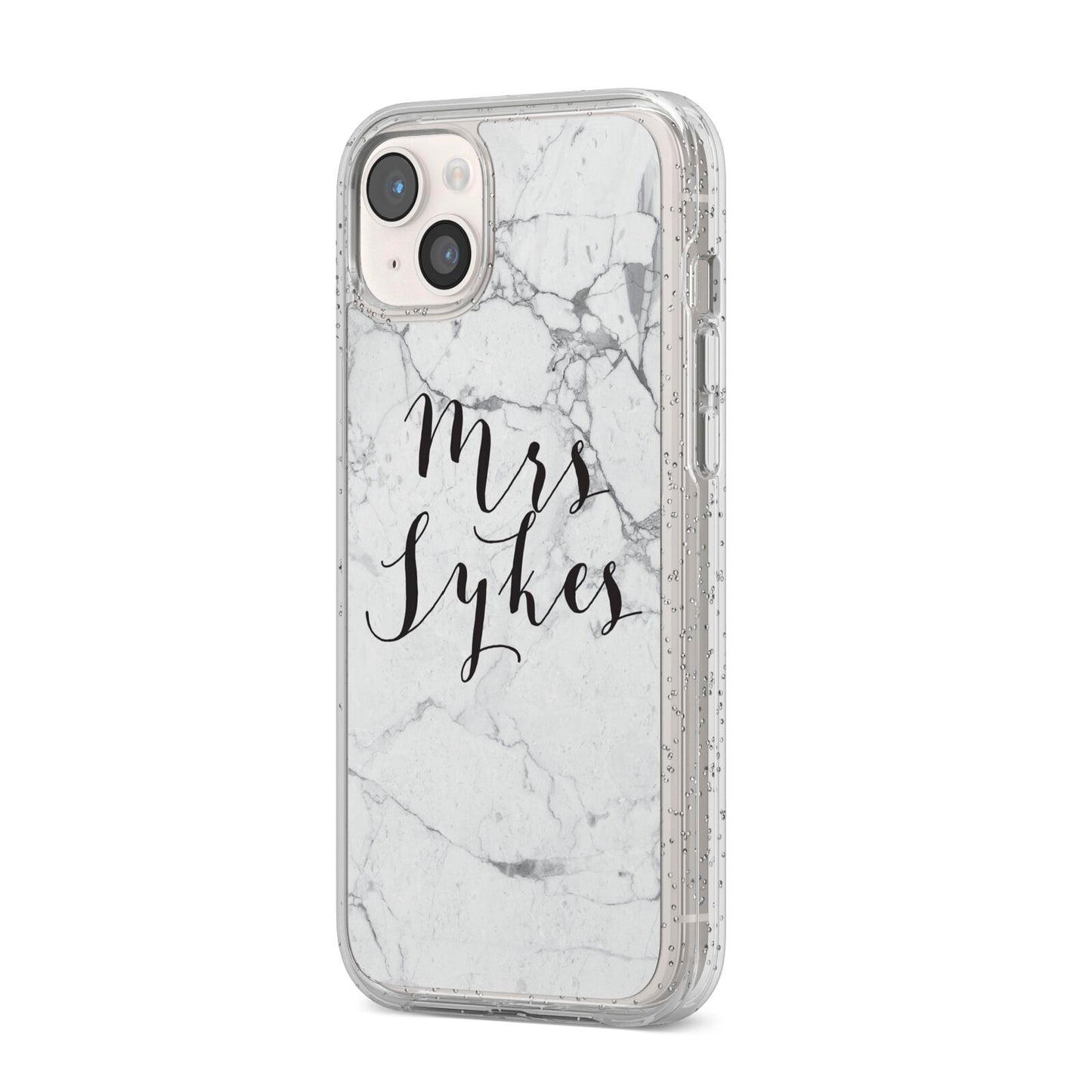 Surname Personalised Marble iPhone 14 Plus Glitter Tough Case Starlight Angled Image