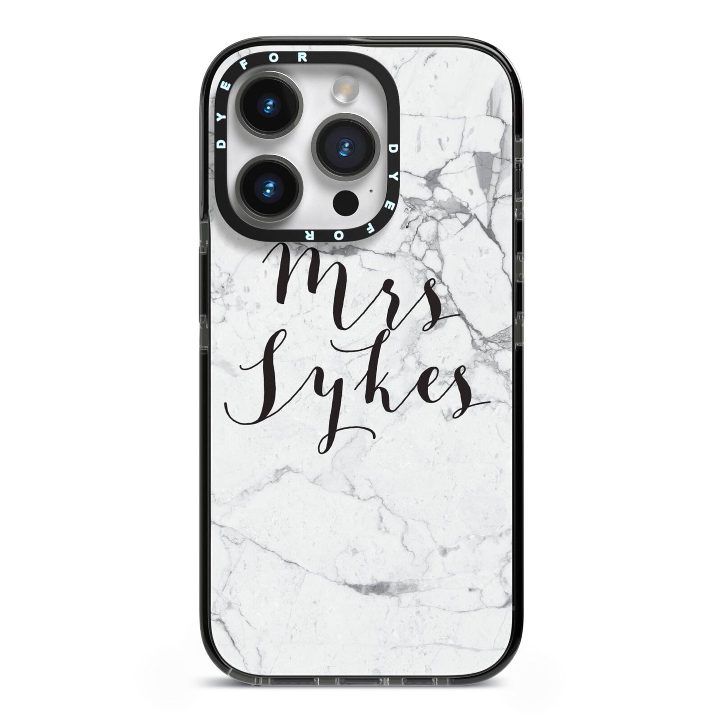 Surname Personalised Marble iPhone 14 Pro Black Impact Case on Silver phone