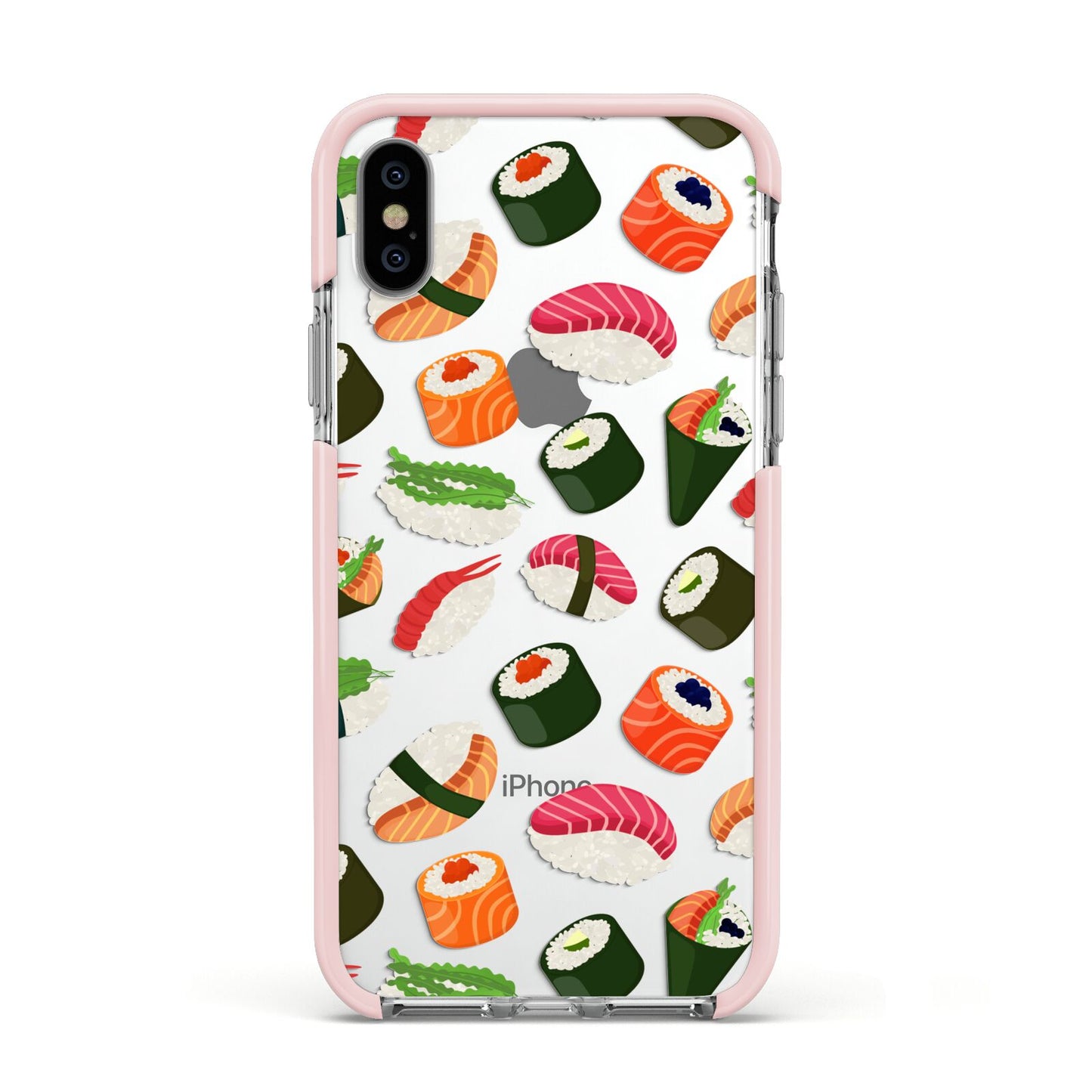 Sushi Fun Apple iPhone Xs Impact Case Pink Edge on Silver Phone